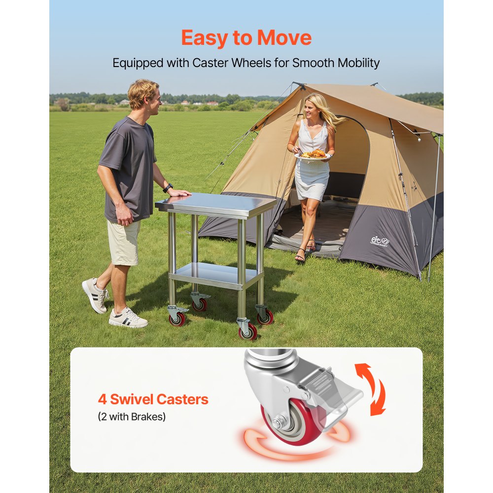 Mesa VEVOR em aço inoxidável, 61 x 45 cm, com rodas, para preparação de alimentos. Possui bancadas ajustáveis na parte inferior, ideal para cozinhas comerciais, restaurantes, hotéis, garagens e áreas externas.