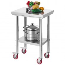 VEVOR Stainless Steel Table, 61 x 45 cm Food Prep Worktable with Wheels, Kitchen Prep Table with Adjustable Undershelf Workstations for Commercial Kitchen, Restaurant, Hotel and Garage, Outdoor