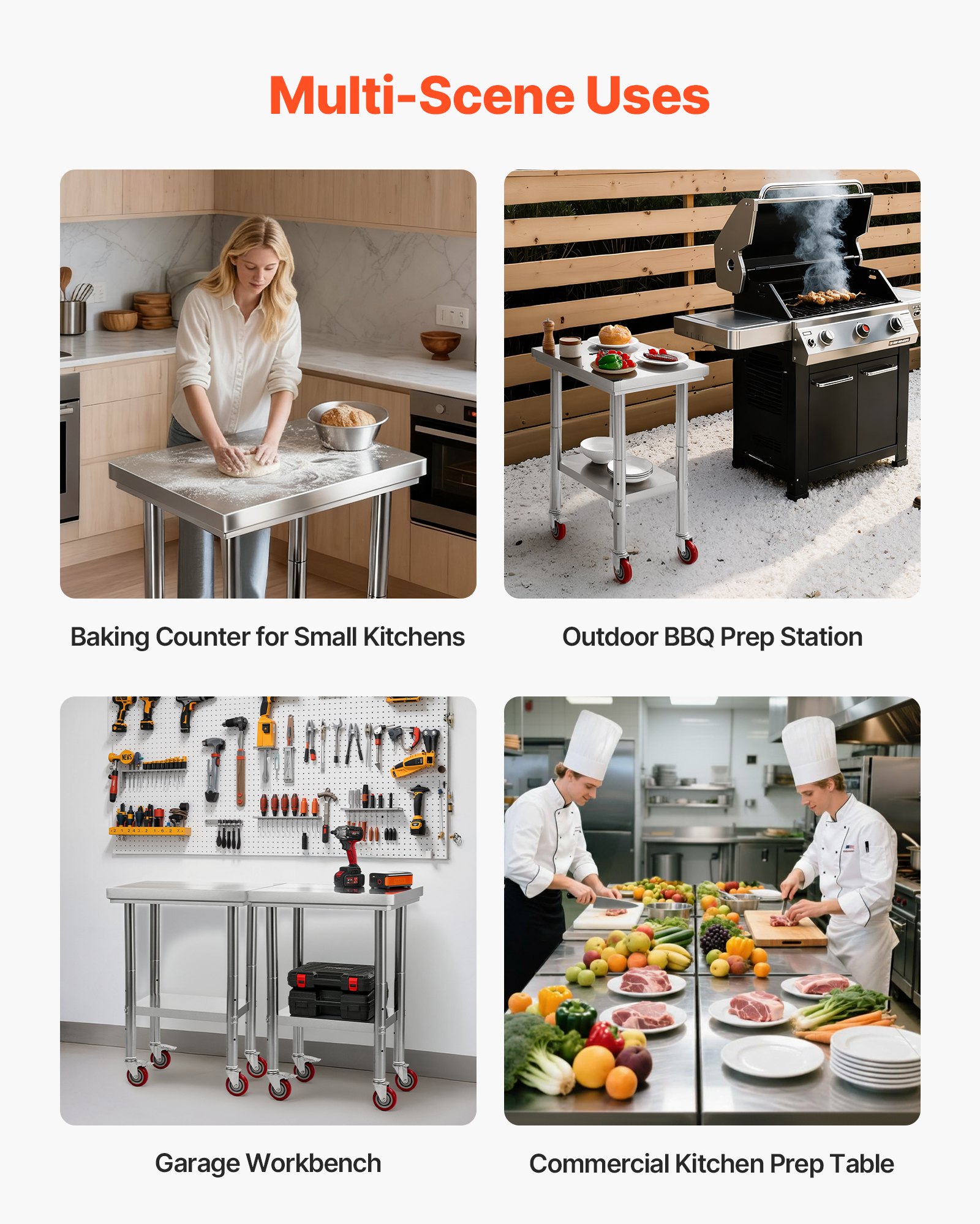 Mesa VEVOR em aço inoxidável, 61 x 45 cm, com rodas, para preparação de alimentos. Possui bancadas ajustáveis na parte inferior, ideal para cozinhas comerciais, restaurantes, hotéis, garagens e áreas externas.