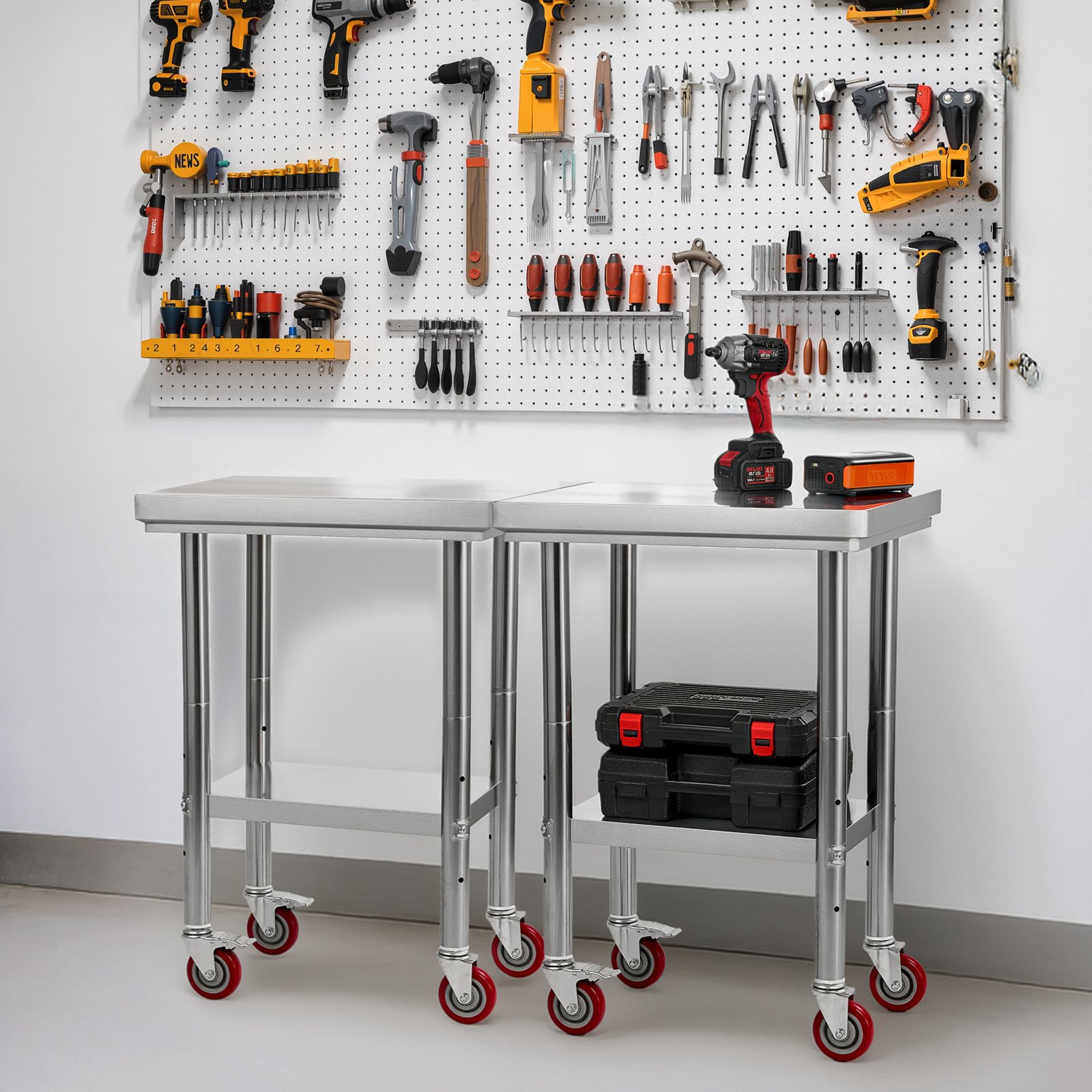 Mesa VEVOR em aço inoxidável, 61 x 45 cm, com rodas, para preparação de alimentos. Possui bancadas ajustáveis na parte inferior, ideal para cozinhas comerciais, restaurantes, hotéis, garagens e áreas externas.