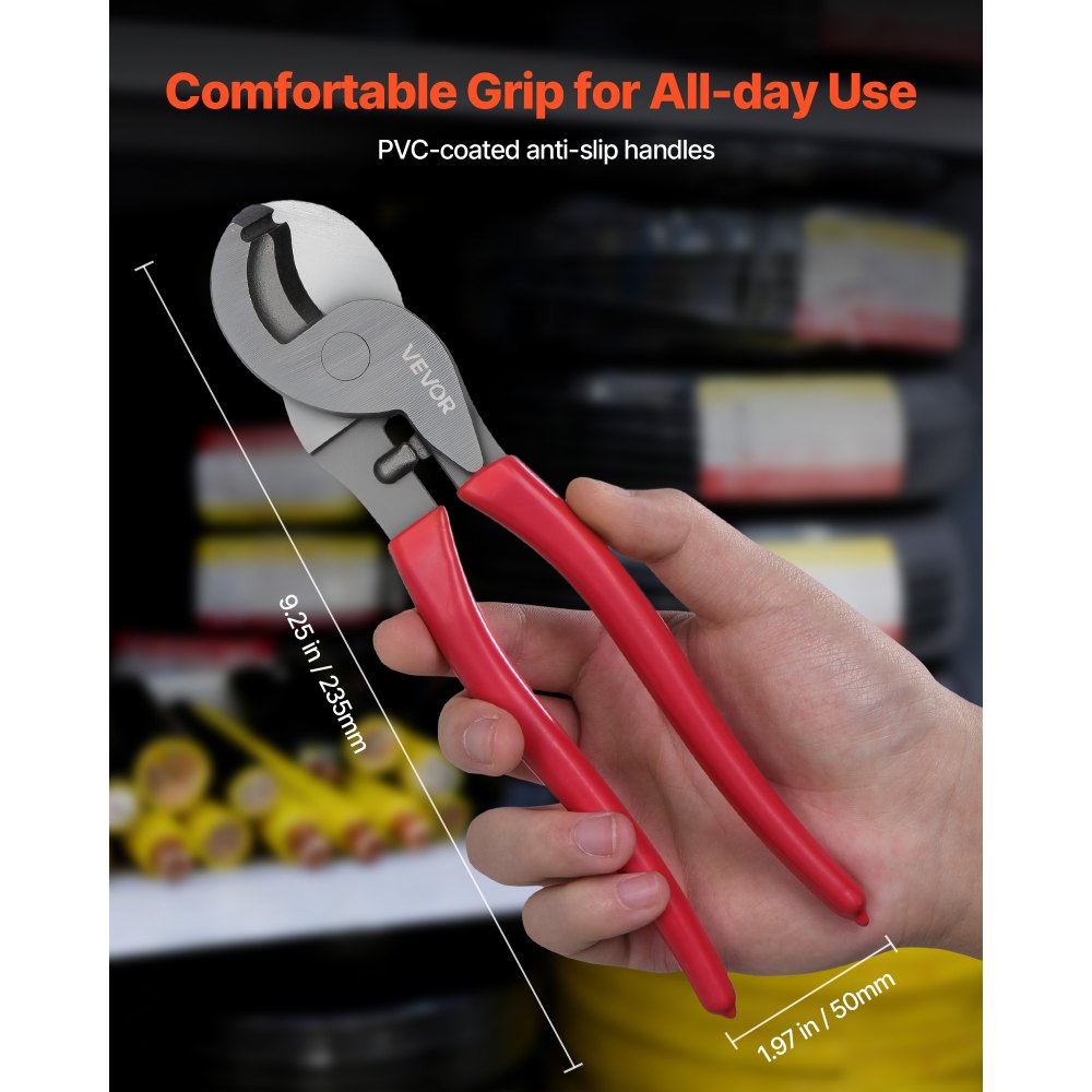 VEVOR High Leverage Cable Cutter, 235 mm Compact, Forged Blades and PVC-Coated Handles, Heavy Duty Cable Cutting Pliers Tool for 4/0 AWG Aluminum, 2/0 AWG Soft Copper and 100-Pair 24AWG Comm Cable