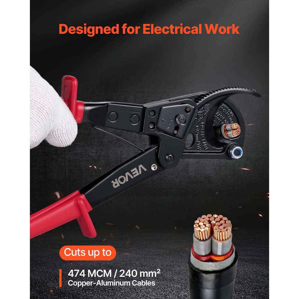 VEVOR Ratcheting Cable Cutter, Spring Steel Blades with PVC-Coated Handles, Quick-Release Button, Heavy Duty Ratchet Cable Wire Cutter for Cutting Copper & Aluminum Cables Up to 474 MCM / 240 mm²