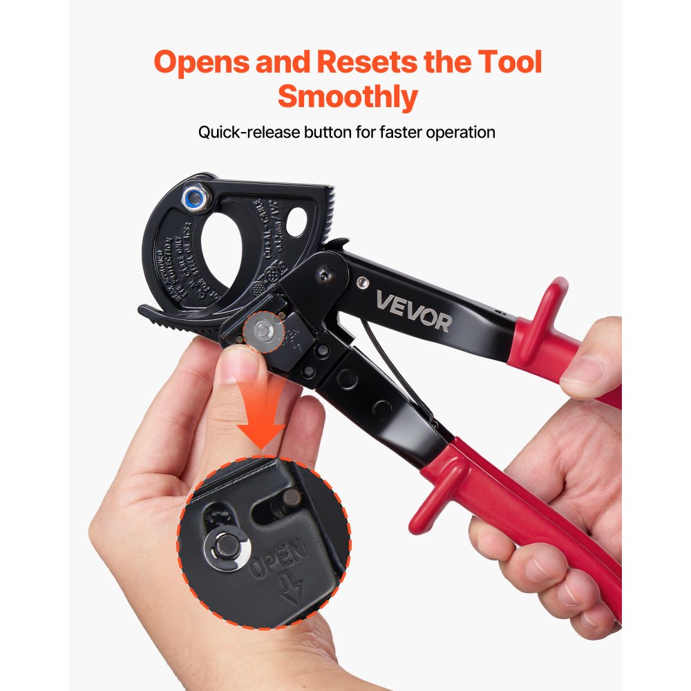 VEVOR Ratcheting Cable Cutter, Spring Steel Blades with PVC-Coated Handles, Quick-Release Button, Heavy Duty Ratchet Cable Wire Cutter for Cutting Copper & Aluminum Cables Up to 474 MCM / 240 mm²