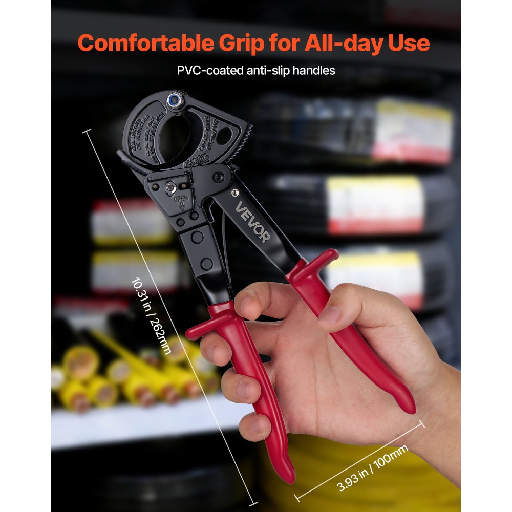 VEVOR Ratcheting Cable Cutter, Spring Steel Blades with PVC-Coated Handles, Quick-Release Button, Heavy Duty Ratchet Cable Wire Cutter for Cutting Copper & Aluminum Cables Up to 474 MCM / 240 mm²