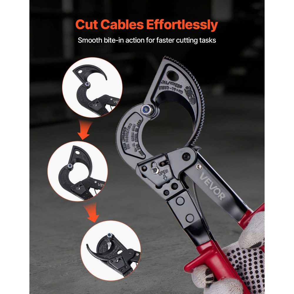 VEVOR Ratcheting Cable Cutter, Spring Steel Blades with PVC-Coated Handles, Quick-Release Button, Heavy Duty Ratchet Cable Wire Cutter for Cutting Copper & Aluminum Cables Up to 474 MCM / 240 mm²