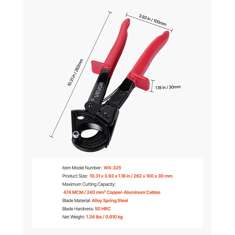 VEVOR Ratcheting Cable Cutter, Spring Steel Blades with PVC-Coated Handles, Quick-Release Button, Heavy Duty Ratchet Cable Wire Cutter for Cutting Copper & Aluminum Cables Up to 474 MCM / 240 mm²