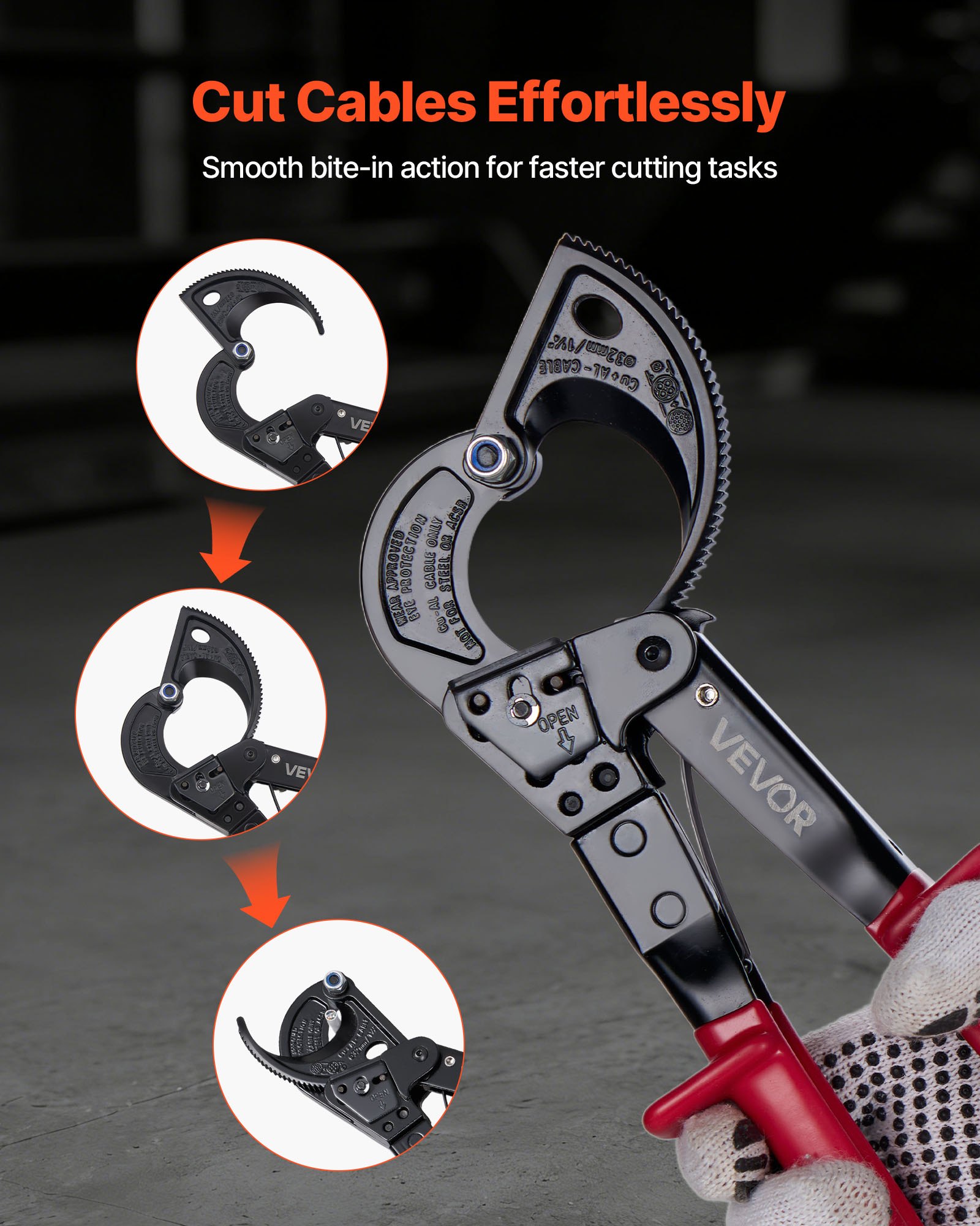 VEVOR Ratcheting Cable Cutter, Spring Steel Blades with PVC-Coated Handles, Quick-Release Button, Heavy Duty Ratchet Cable Wire Cutter for Cutting Copper & Aluminum Cables Up to 474 MCM / 240 mm²