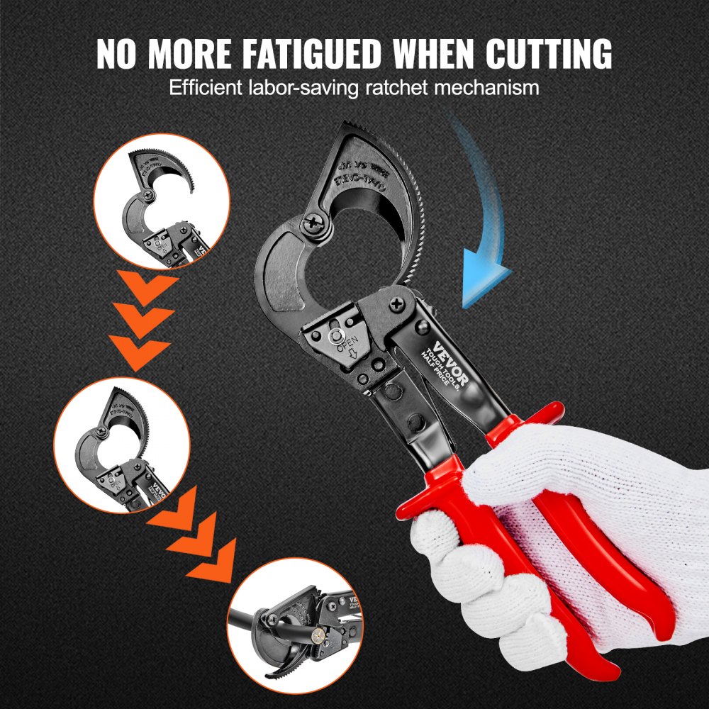 VEVOR Ratcheting Cable Cutter, 25.4 cm Ratchet Wire and Cable Cutter, Cut up to 240 mm², with Comfortable Grip Handles, Easy to Use Quick-Release Lever, Silicon-Manganese Spring Steel Blade