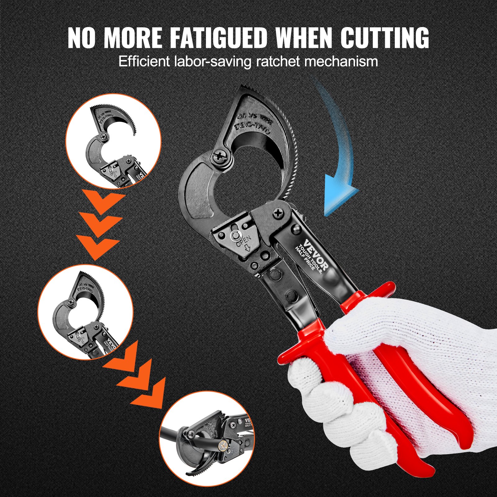 VEVOR Ratcheting Cable Cutter, 250mm Ratchet Wire and Cable Cutter, Cut up to 240 mm², with Comfortable Grip Handles, Easy to Use Quick-Release Lever, Silicon-Manganese Spring Steel Blade