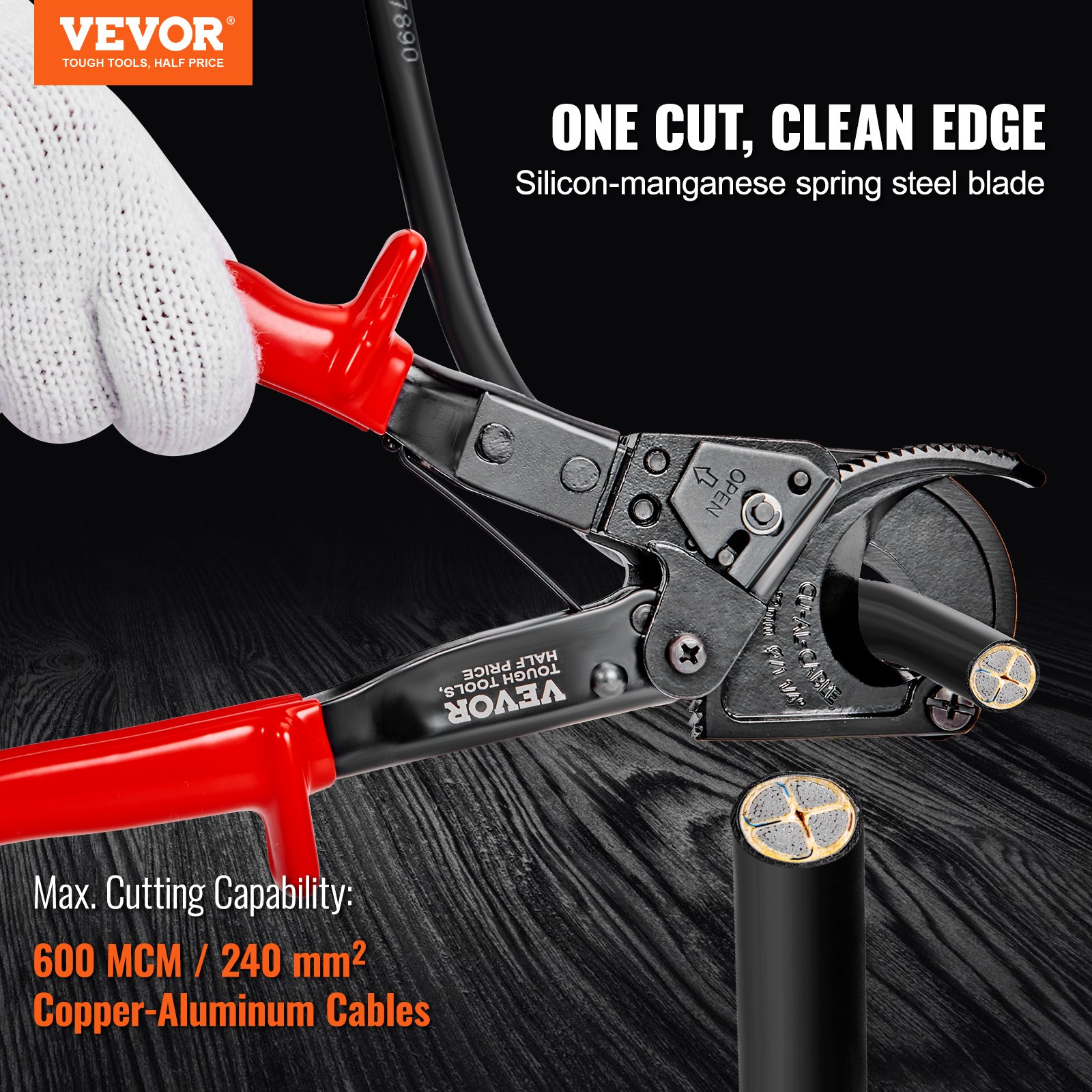 VEVOR Ratcheting Cable Cutter, 25.4 cm Ratchet Wire and Cable Cutter, Cut up to 240 mm², with Comfortable Grip Handles, Easy to Use Quick-Release Lever, Silicon-Manganese Spring Steel Blade