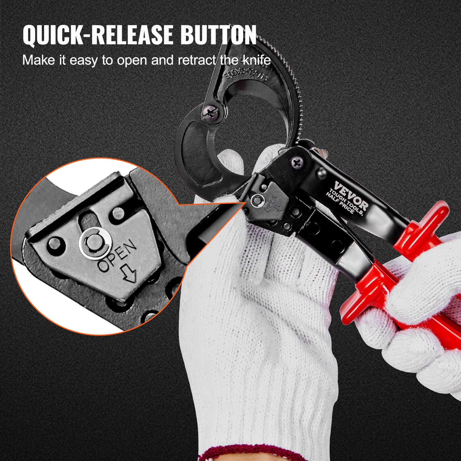 VEVOR Ratcheting Cable Cutter, 25.4 cm Ratchet Wire and Cable Cutter, Cut up to 240 mm², with Comfortable Grip Handles, Easy to Use Quick-Release Lever, Silicon-Manganese Spring Steel Blade