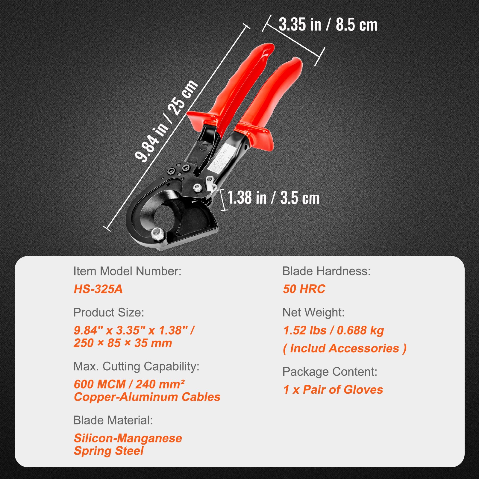 VEVOR Ratcheting Cable Cutter, 25.4 cm Ratchet Wire and Cable Cutter, Cut up to 240 mm², with Comfortable Grip Handles, Easy to Use Quick-Release Lever, Silicon-Manganese Spring Steel Blade