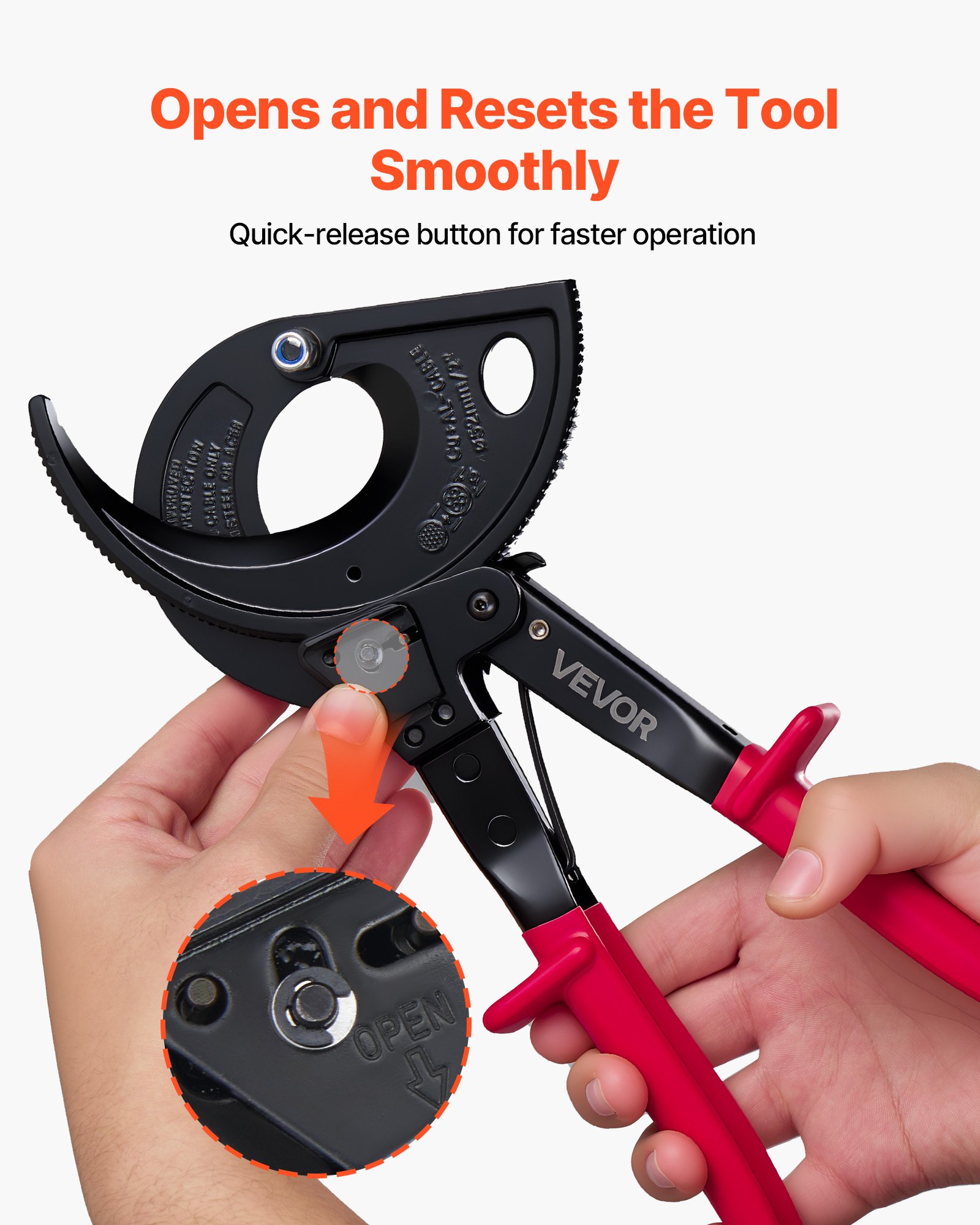 VEVOR Ratcheting Cable Cutter, Spring Steel Blades with Insulated Handles, Quick-Release Button, Heavy Duty Ratchet Cable Wire Cutter for Cutting Copper & Aluminum Cables Up to 800 MCM / 400 mm²