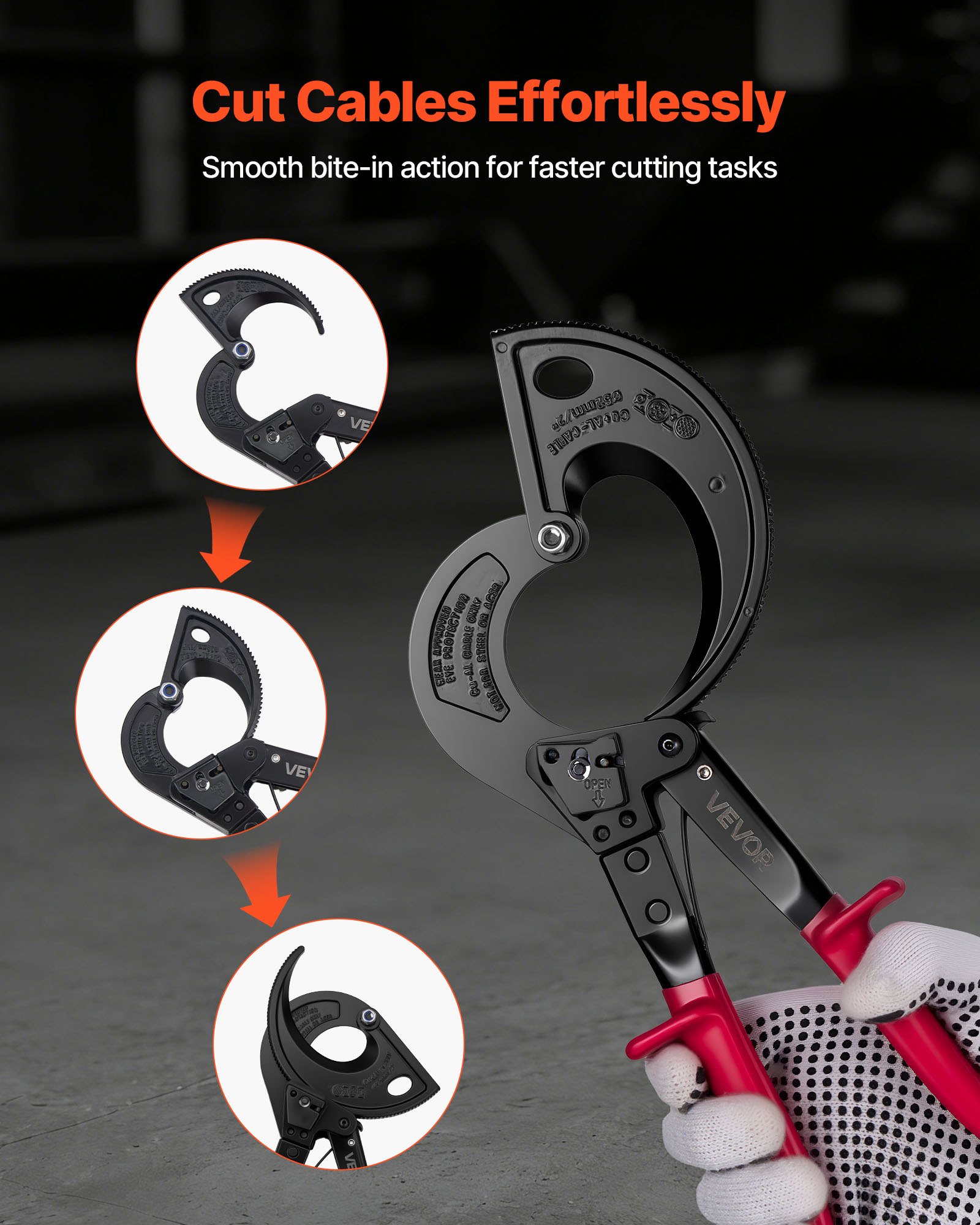 VEVOR Ratcheting Cable Cutter, Spring Steel Blades with Insulated Handles, Quick-Release Button, Heavy Duty Ratchet Cable Wire Cutter for Cutting Copper & Aluminum Cables Up to 800 MCM / 400 mm²