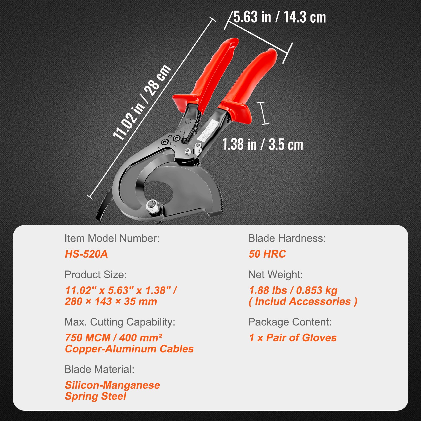 VEVOR Ratcheting Cable Cutter, 11" Wire Cutter Heavy Duty with Gloves, Strong Silicon-Manganese Spring Steel Blade-for Cutting Up to  400 mm² / 780 MCM Electrical Wire