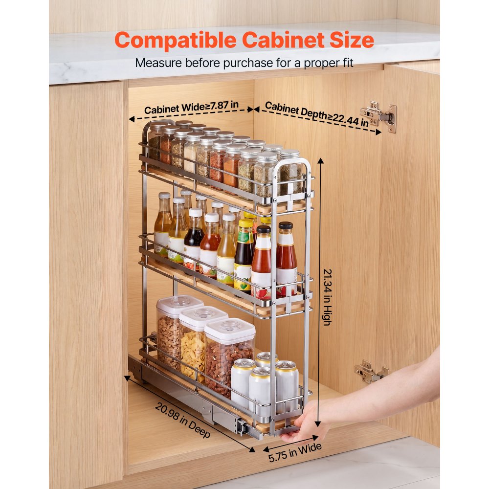 VEVOR Pull Out Spice Rack Organizer for Cabinet, 3 Tier Slide Out Spice Rack Organizer, Height Adjustable Heavy Duty Metal Seasoning Kitchen Basket for Cabinets, 5.75"W x 20.98"D x 21.34"H, Silver