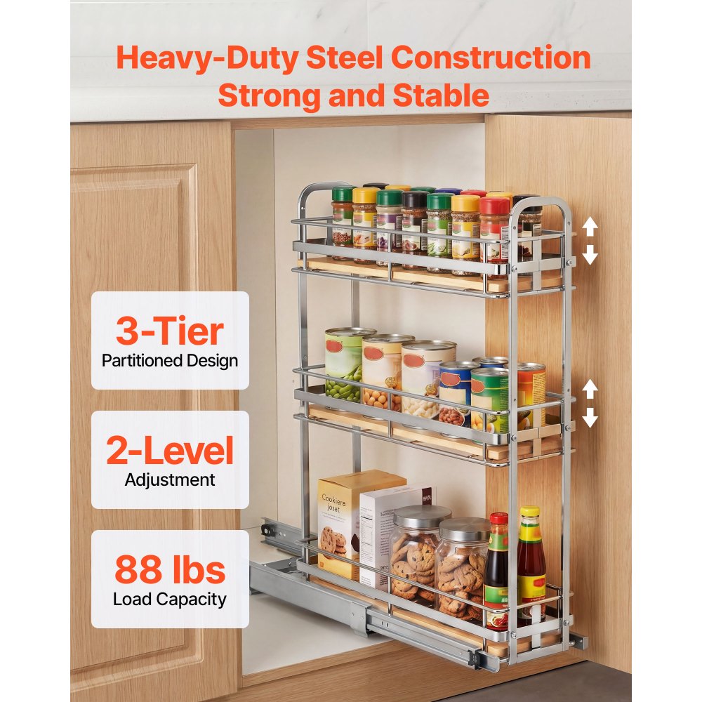 VEVOR Pull Out Spice Rack Organizer for Cabinet, 3 Tier Slide Out Spice Rack Organizer, Height Adjustable Heavy Duty Metal Seasoning Kitchen Basket for Cabinets, 5.75"W x 20.98"D x 21.34"H, Silver