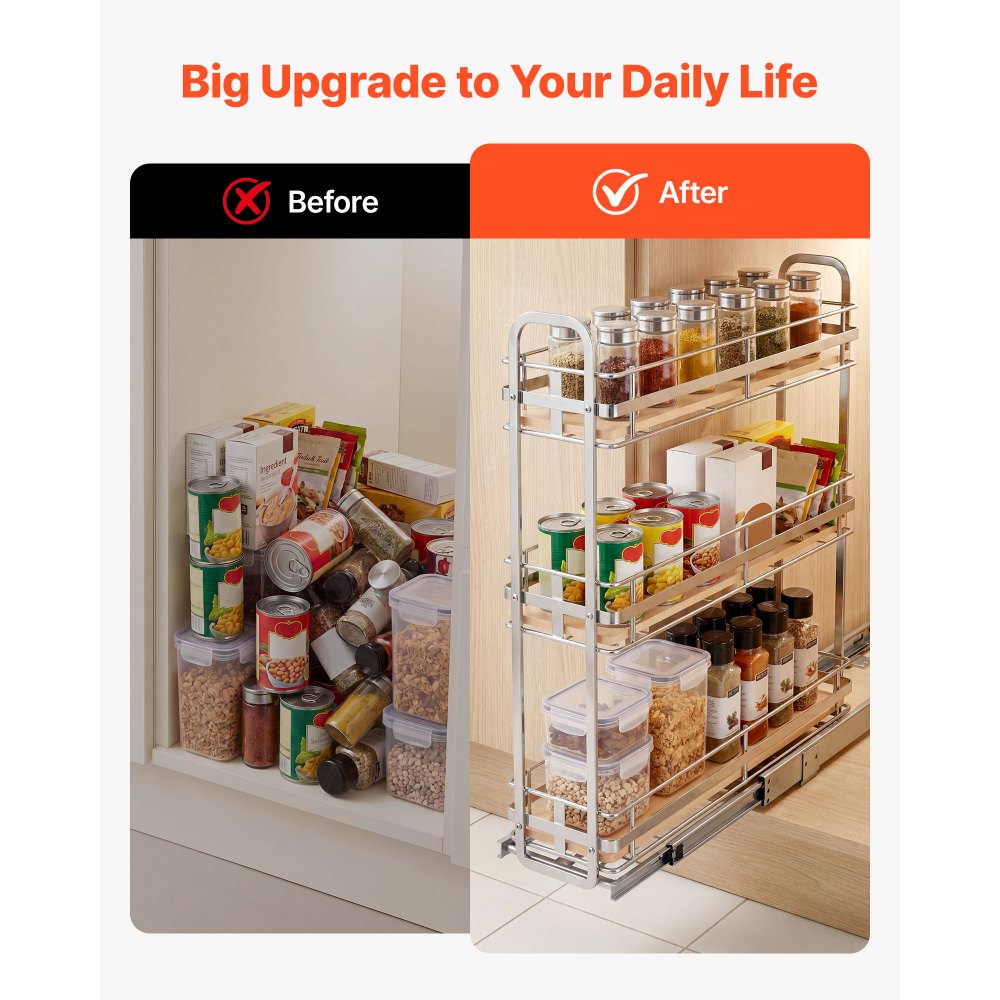 VEVOR Pull Out Spice Rack Organizer for Cabinet, 3 Tier Slide Out Spice Rack Organizer, Height Adjustable Heavy Duty Metal Seasoning Kitchen Basket for Cabinets, 5.75"W x 20.98"D x 21.34"H, Silver