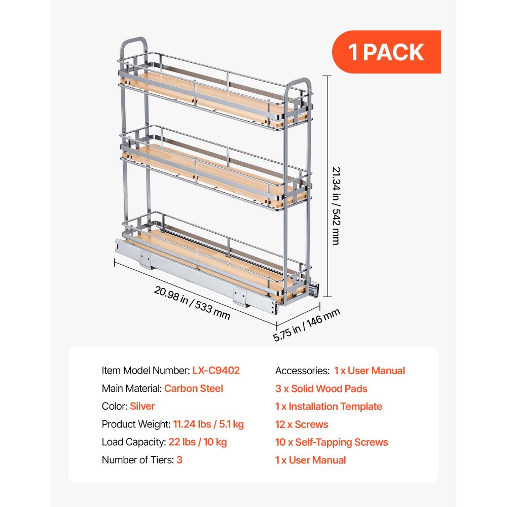 VEVOR Pull Out Spice Rack Organizer for Cabinet, 3 Tier Slide Out Spice Rack Organizer, Height Adjustable Heavy Duty Metal Seasoning Kitchen Basket for Cabinets, 5.75"W x 20.98"D x 21.34"H, Silver