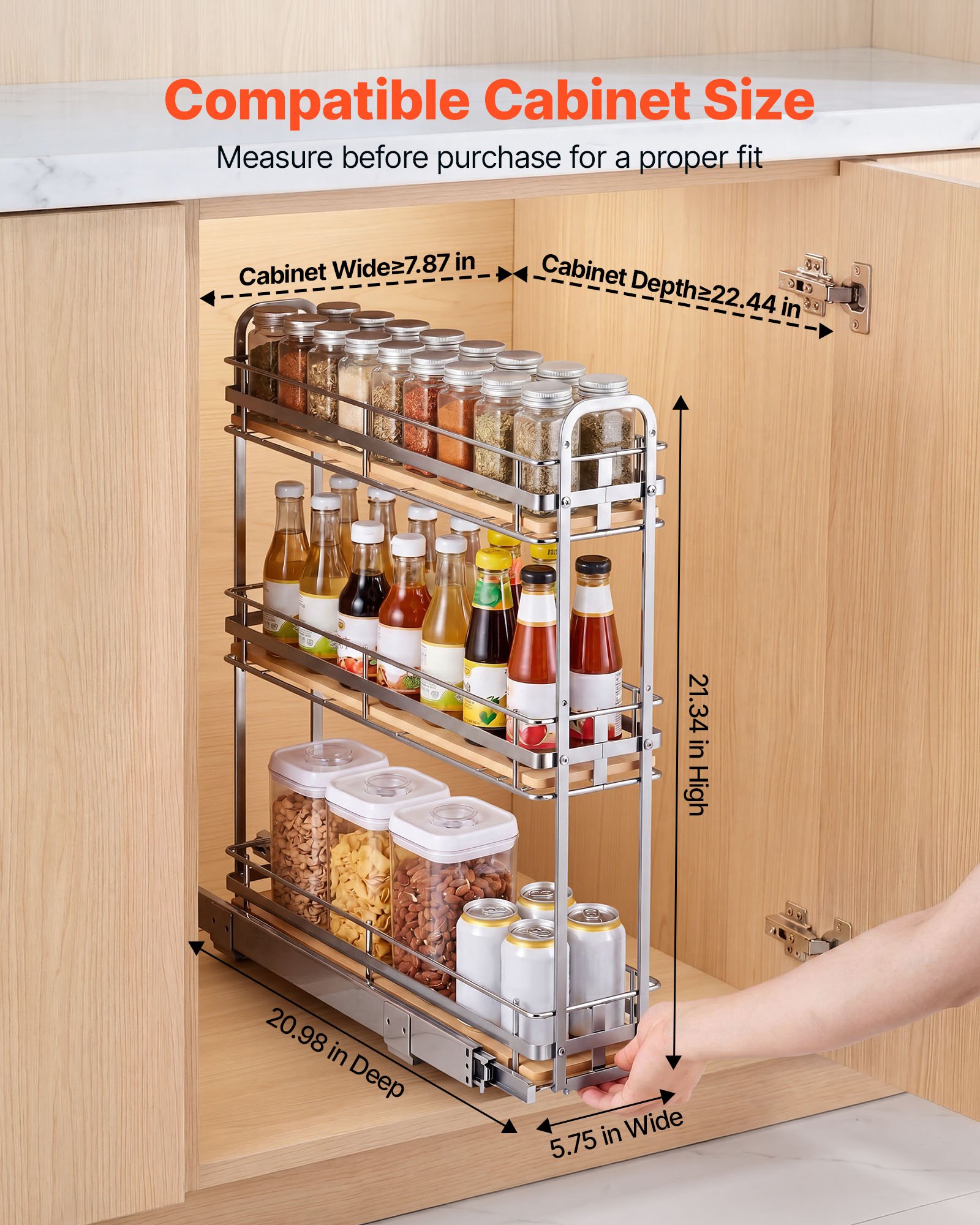 VEVOR Pull Out Spice Rack Organizer for Cabinet, 3 Tier Slide Out Spice Rack Organizer, Height Adjustable Heavy Duty Metal Seasoning Kitchen Basket for Cabinets, 5.75"W x 20.98"D x 21.34"H, Silver