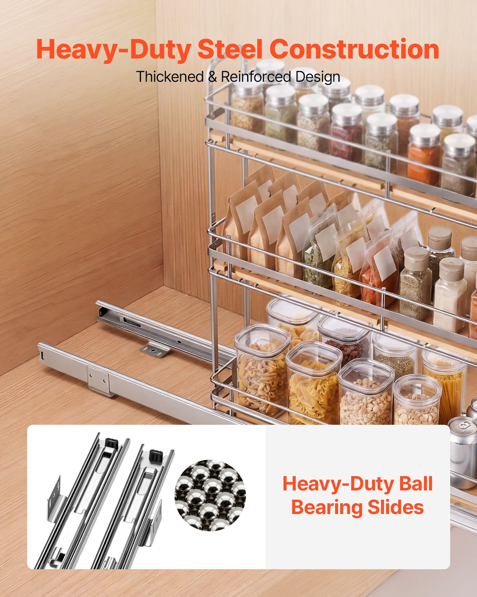 VEVOR Pull Out Spice Rack Organizer for Cabinet, 3 Tier Slide Out Spice Rack Organizer, Height Adjustable Heavy Duty Metal Seasoning Kitchen Basket for Cabinets, 5.75"W x 20.98"D x 21.34"H, Silver