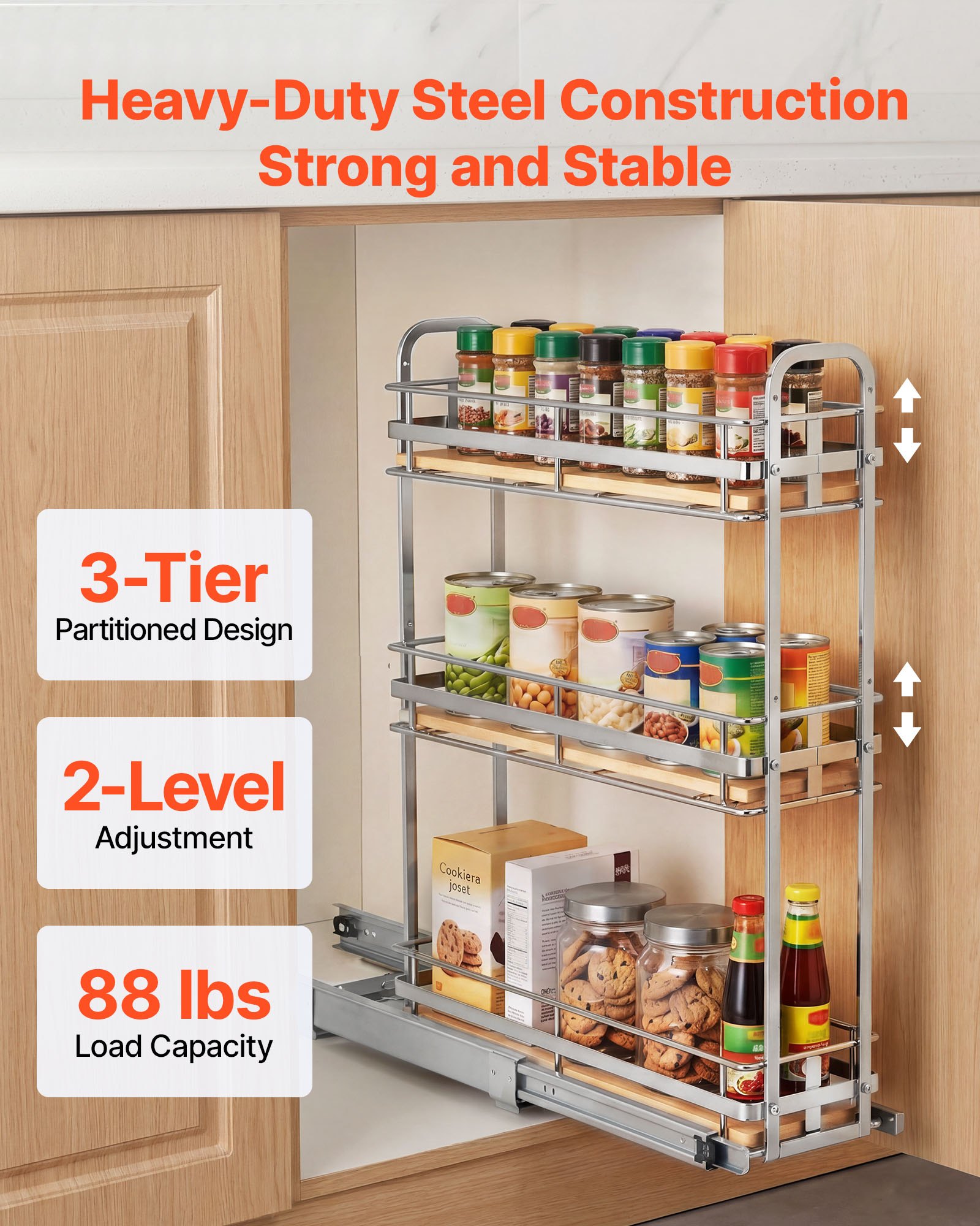 VEVOR Pull Out Spice Rack Organizer for Cabinet, 3 Tier Slide Out Spice Rack Organizer, Height Adjustable Heavy Duty Metal Seasoning Kitchen Basket for Cabinets, 5.75"W x 20.98"D x 21.34"H, Silver