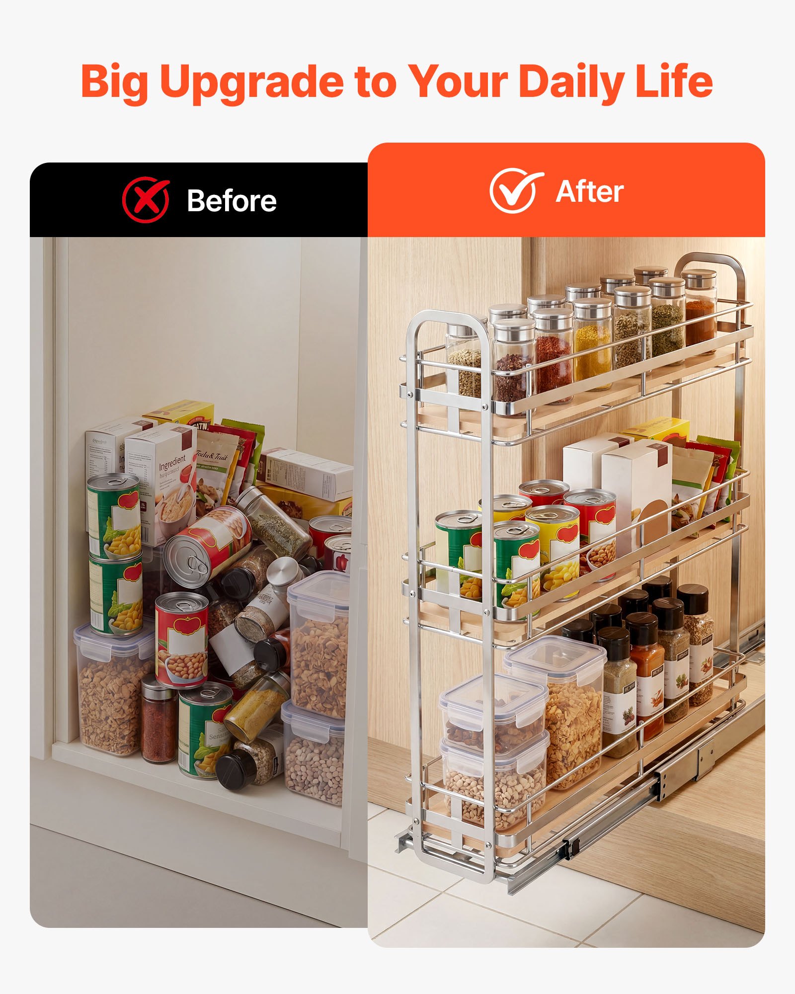 VEVOR Pull Out Spice Rack Organizer for Cabinet, 3 Tier Slide Out Spice Rack Organizer, Height Adjustable Heavy Duty Metal Seasoning Kitchen Basket for Cabinets, 5.75"W x 20.98"D x 21.34"H, Silver