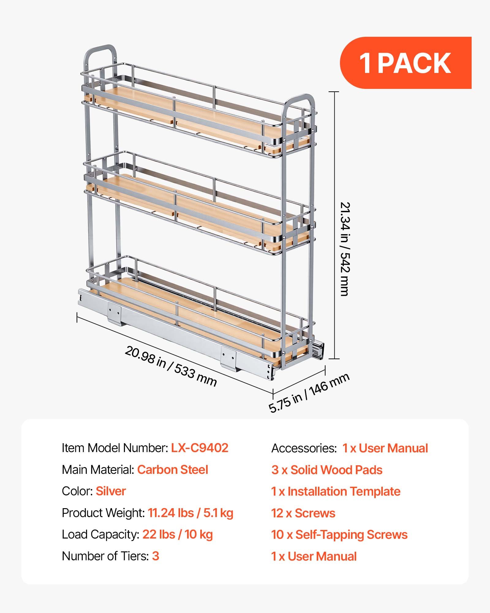 VEVOR Pull Out Spice Rack Organizer for Cabinet, 3 Tier Slide Out Spice Rack Organizer, Height Adjustable Heavy Duty Metal Seasoning Kitchen Basket for Cabinets, 5.75"W x 20.98"D x 21.34"H, Silver