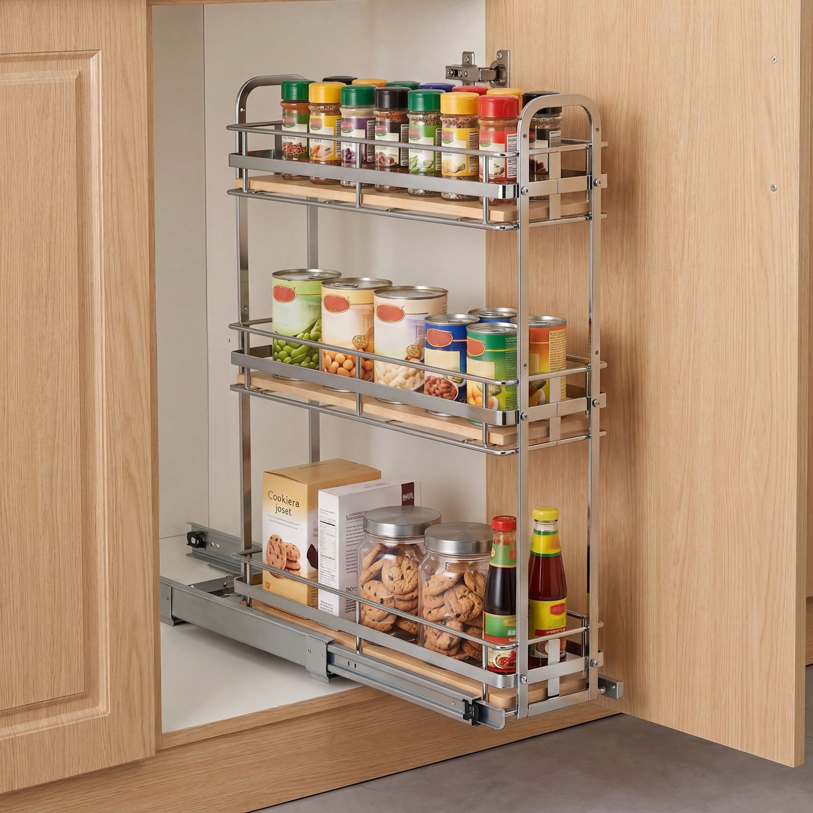 VEVOR Pull Out Spice Rack Organizer for Cabinet, 3 Tier Slide Out Spice Rack Organizer, Height Adjustable Heavy Duty Metal Seasoning Kitchen Basket for Cabinets, 5.75"W x 20.98"D x 21.34"H, Silver