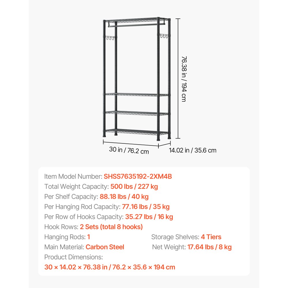 VEVOR Clothing Garment Rack, Heavy Duty Clothing Garment Rack, 4 Adjustable Tiers Clothing Racks with Carbon Steel, 227 kg Load Capacity Closet Wardrobe for Bedroom, Clothing Store, Hallway