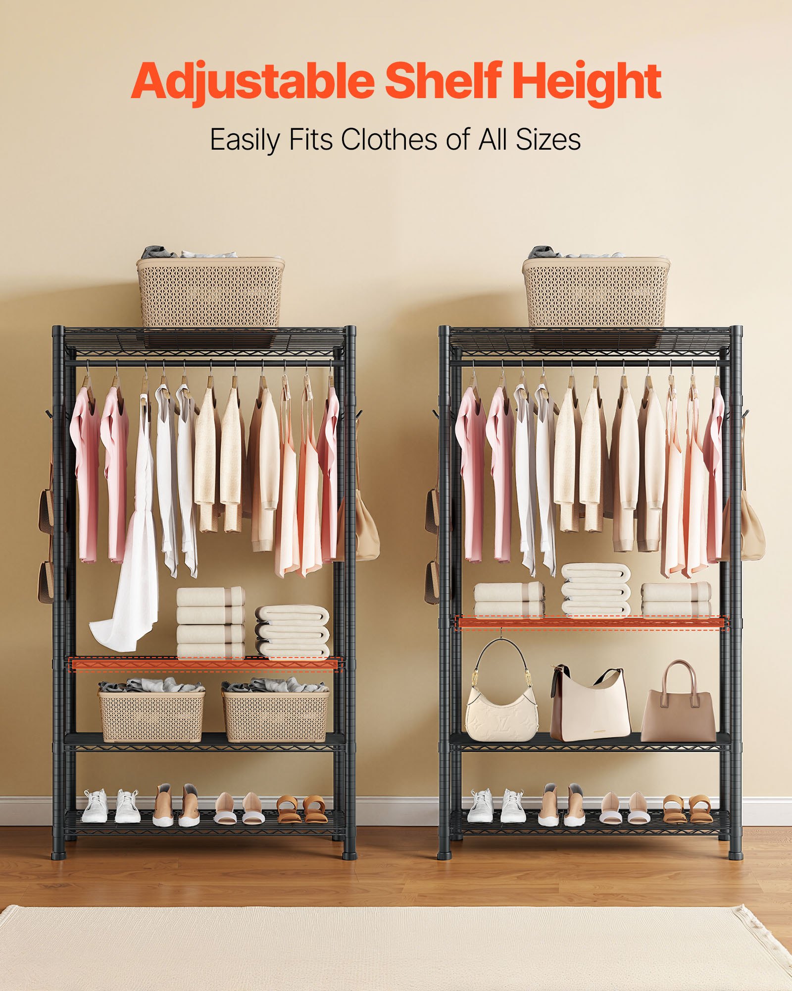 VEVOR Clothing Garment Rack, Heavy Duty Clothing Garment Rack, 4 Adjustable Tiers Clothing Racks with Carbon Steel, 227 kg Load Capacity Closet Wardrobe for Bedroom, Clothing Store, Hallway