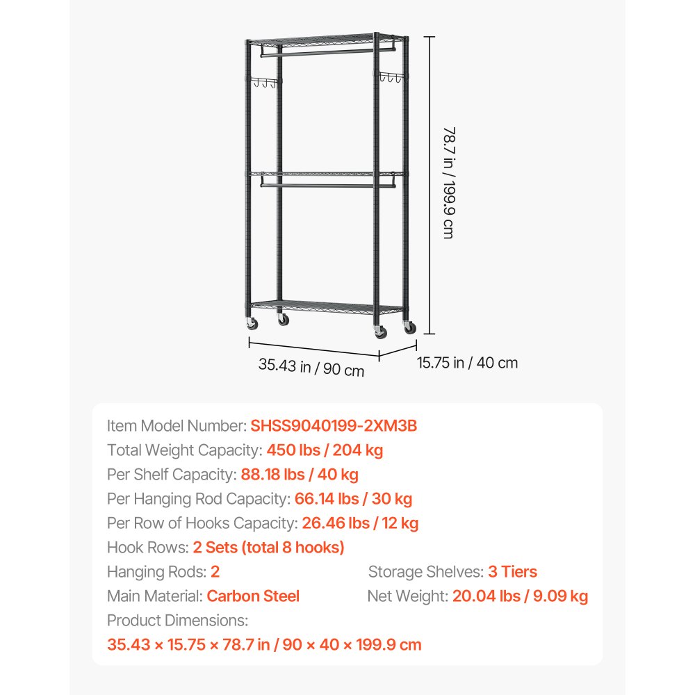 VEVOR Rolling Clothes Rack, Heavy Duty Clothing Garment Rack, 3 Adjustable Tiers Clothing Racks with Carbon Steel, 204 kg Load Capacity Closet Wardrobe for Bedroom, Clothing Store, Hallway