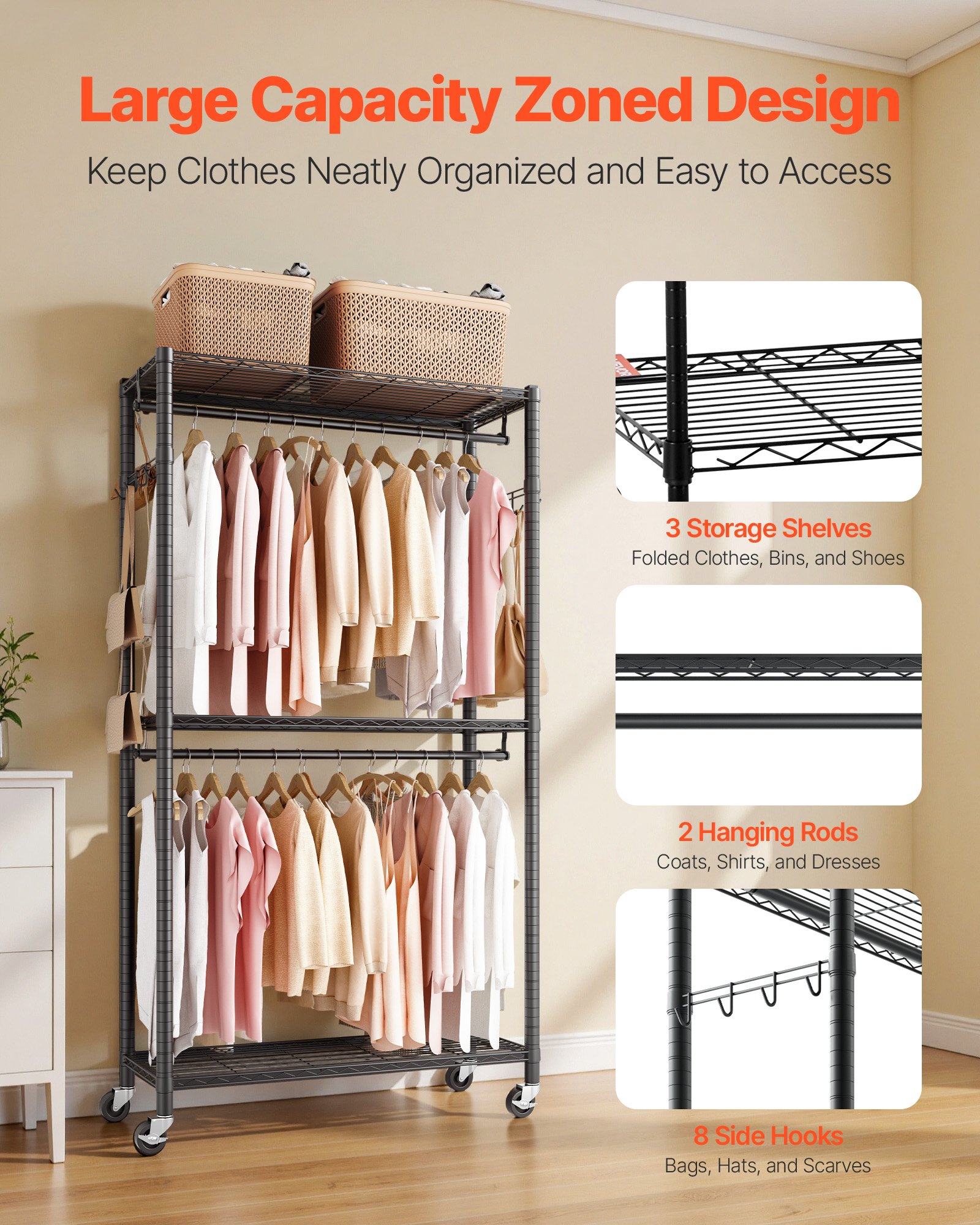 VEVOR Rolling Clothes Rack, Heavy Duty Clothing Garment Rack, 3 Adjustable Tiers Clothing Racks with Carbon Steel, 204 kg Load Capacity Closet Wardrobe for Bedroom, Clothing Store, Hallway
