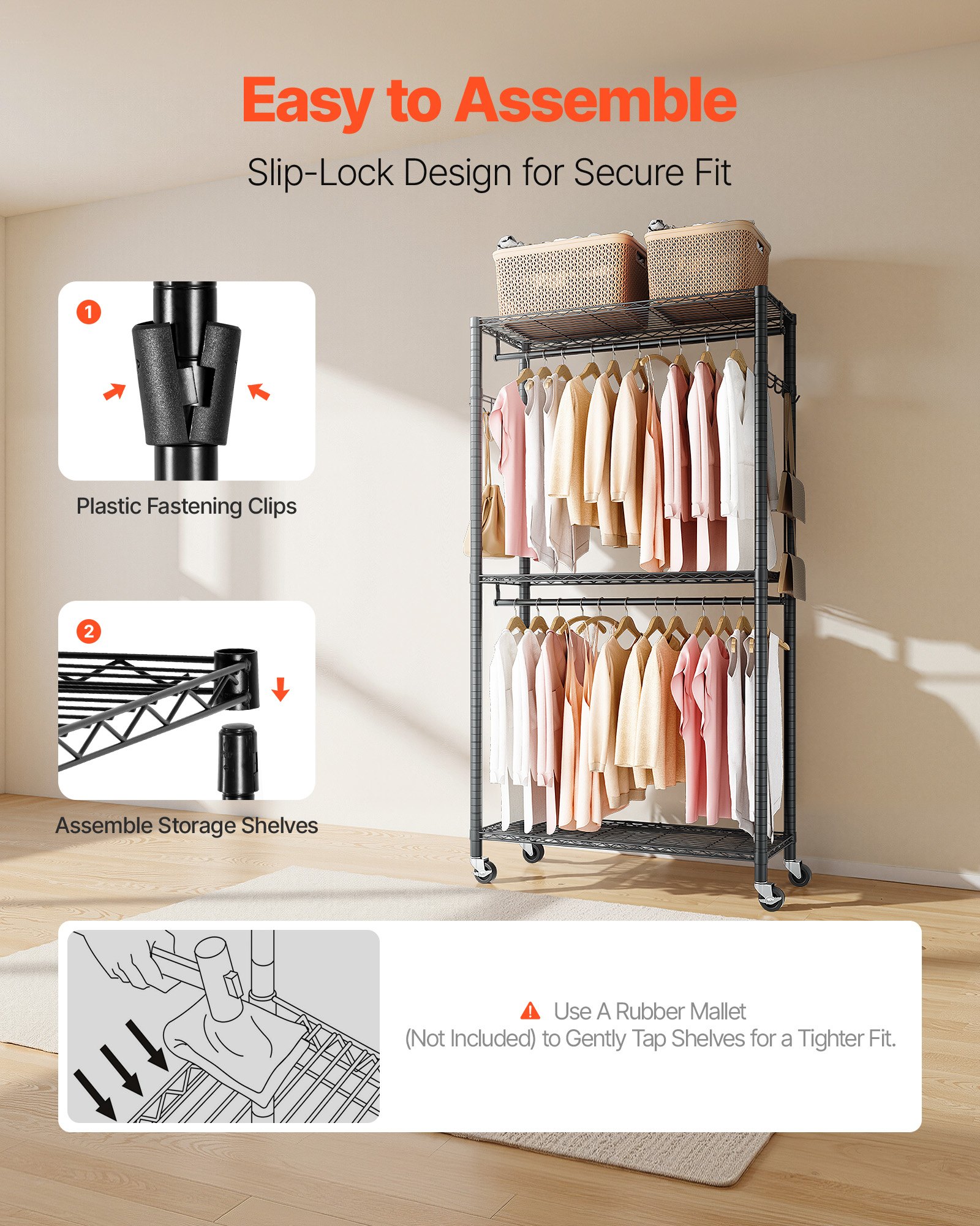 VEVOR Rolling Clothes Rack, Heavy Duty Clothing Garment Rack, 3 Adjustable Tiers Clothing Racks with Carbon Steel, 204 kg Load Capacity Closet Wardrobe for Bedroom, Clothing Store, Hallway