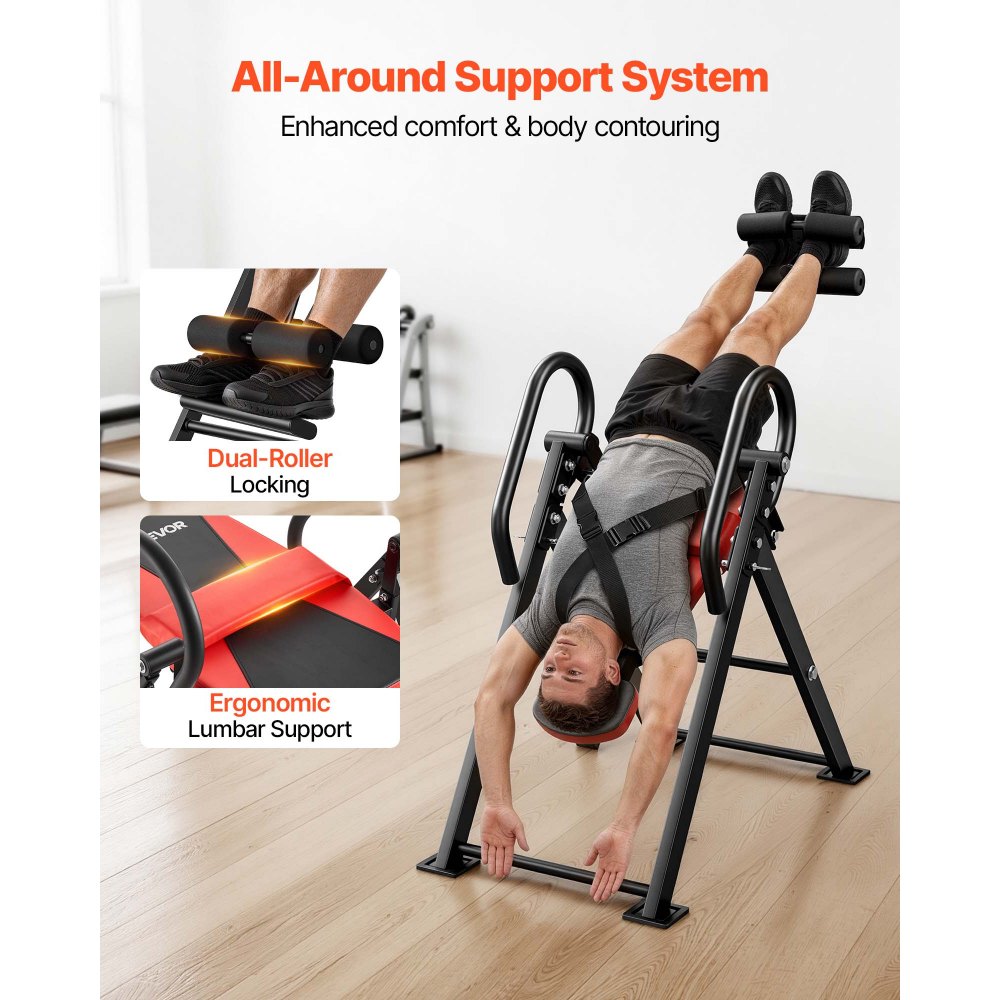 VEVOR Inversion Table, 136 kg Capacity Heavy Duty Back Inverter Stretcher, Inverted Table with Dual-Roller Locking, Decompression Tables for Shoulders, Neck, Back, 3-Level Armrest Pin Adjustment