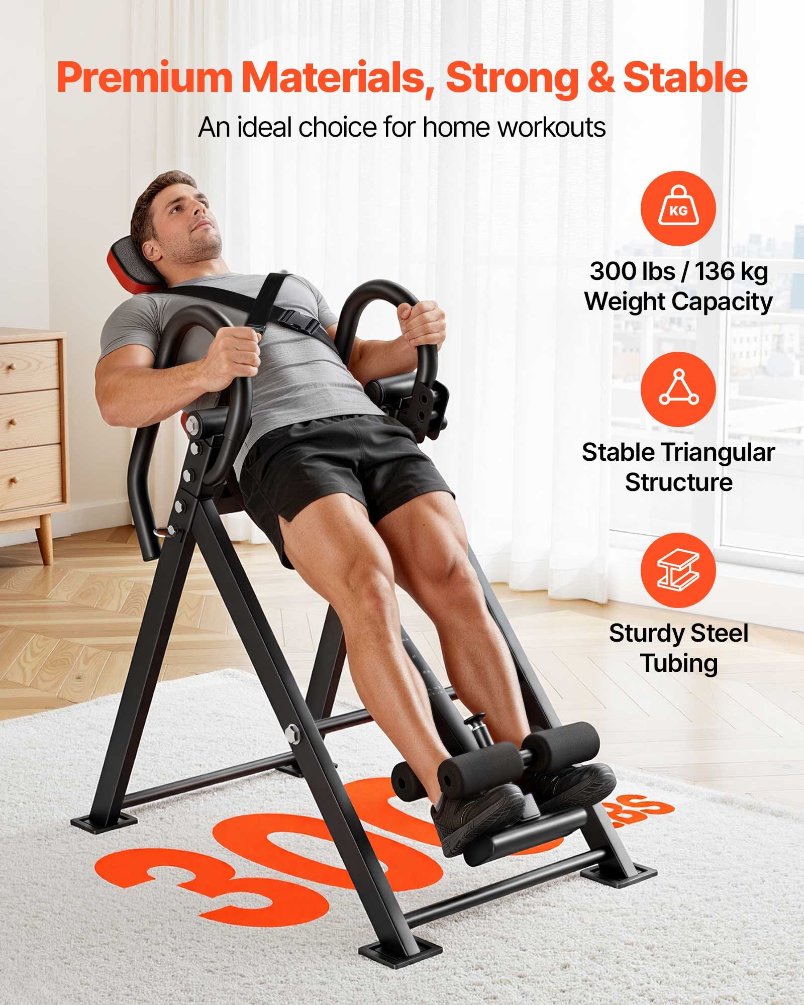 VEVOR Inversion Table, 136 kg Capacity Heavy Duty Back Inverter Stretcher, Inverted Table with Dual-Roller Locking, Decompression Tables for Shoulders, Neck, Back, 3-Level Armrest Pin Adjustment