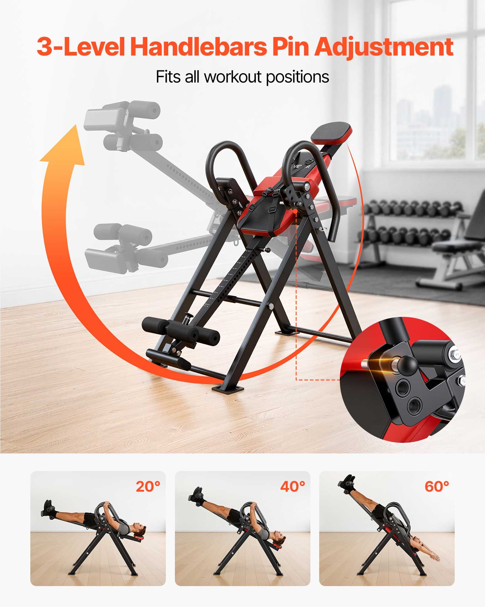VEVOR Inversion Table, 136 kg Capacity Heavy Duty Back Inverter Stretcher, Inverted Table with Dual-Roller Locking, Decompression Tables for Shoulders, Neck, Back, 3-Level Armrest Pin Adjustment