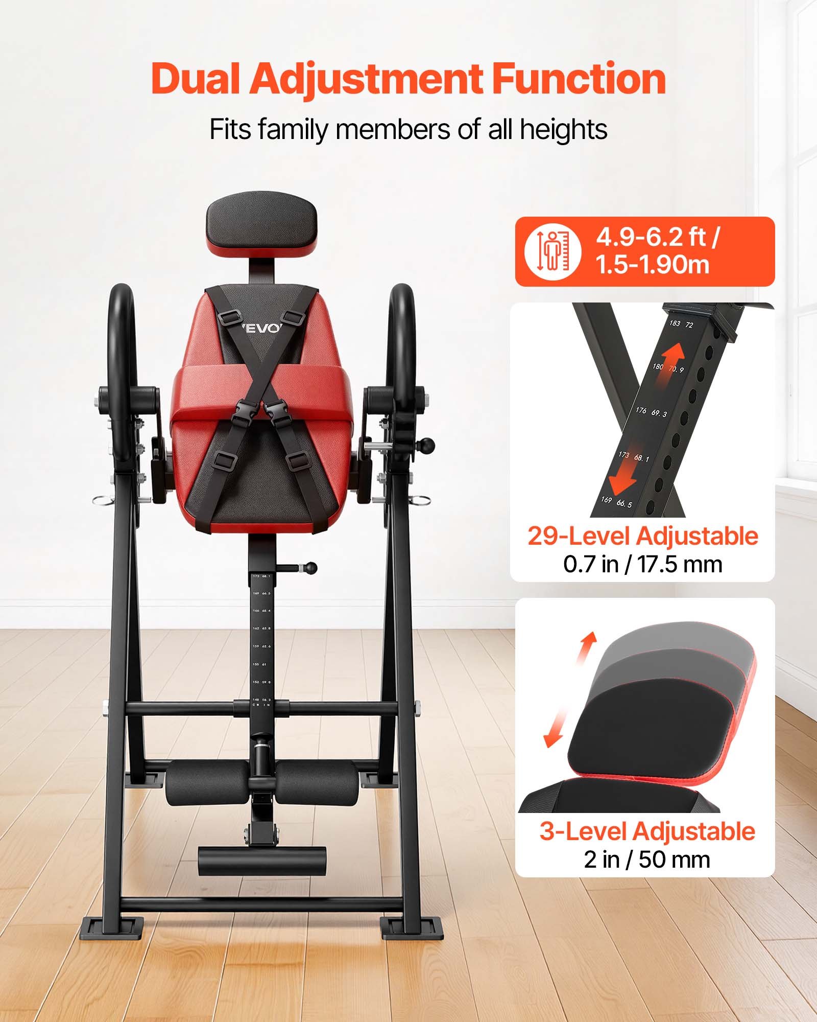 VEVOR Inversion Table, 136 kg Capacity Heavy Duty Back Inverter Stretcher, Inverted Table with Dual-Roller Locking, Decompression Tables for Shoulders, Neck, Back, 3-Level Armrest Pin Adjustment