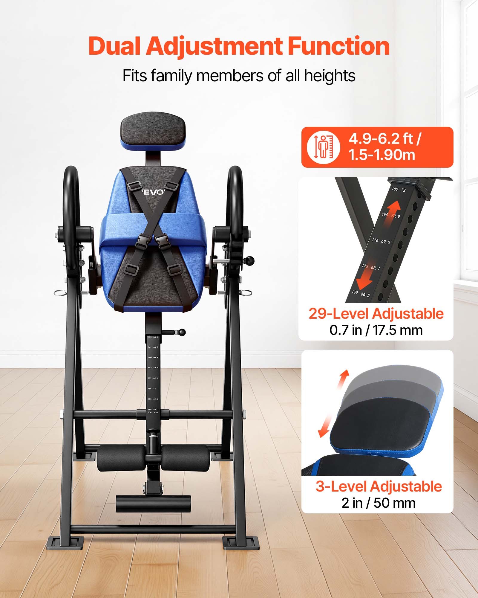 VEVOR Inversion Table, 136 kg Capacity Heavy Duty Back Inverter Stretcher, Inverted Table with Dual-Roller Locking, Decompression Tables for Shoulders, Neck, Back, 3-Level Armrest Pin Adjustment