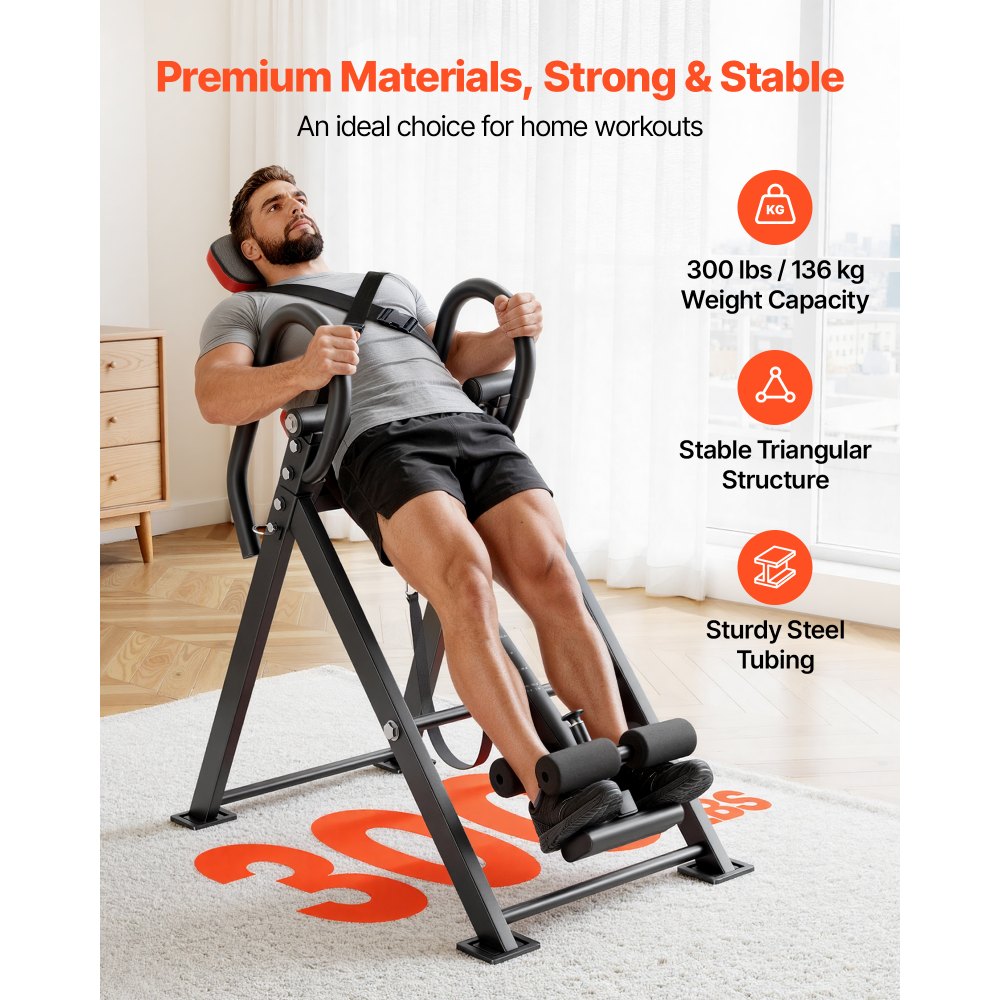 VEVOR Inversion Table, 136 kg Capacity Heavy Duty Inverted Table, Back Inverter Stretcher with Dual-Roller Locking, Decompression Tables for Shoulders, Neck, Back, Multi-Angle Adjustable Tether Strap