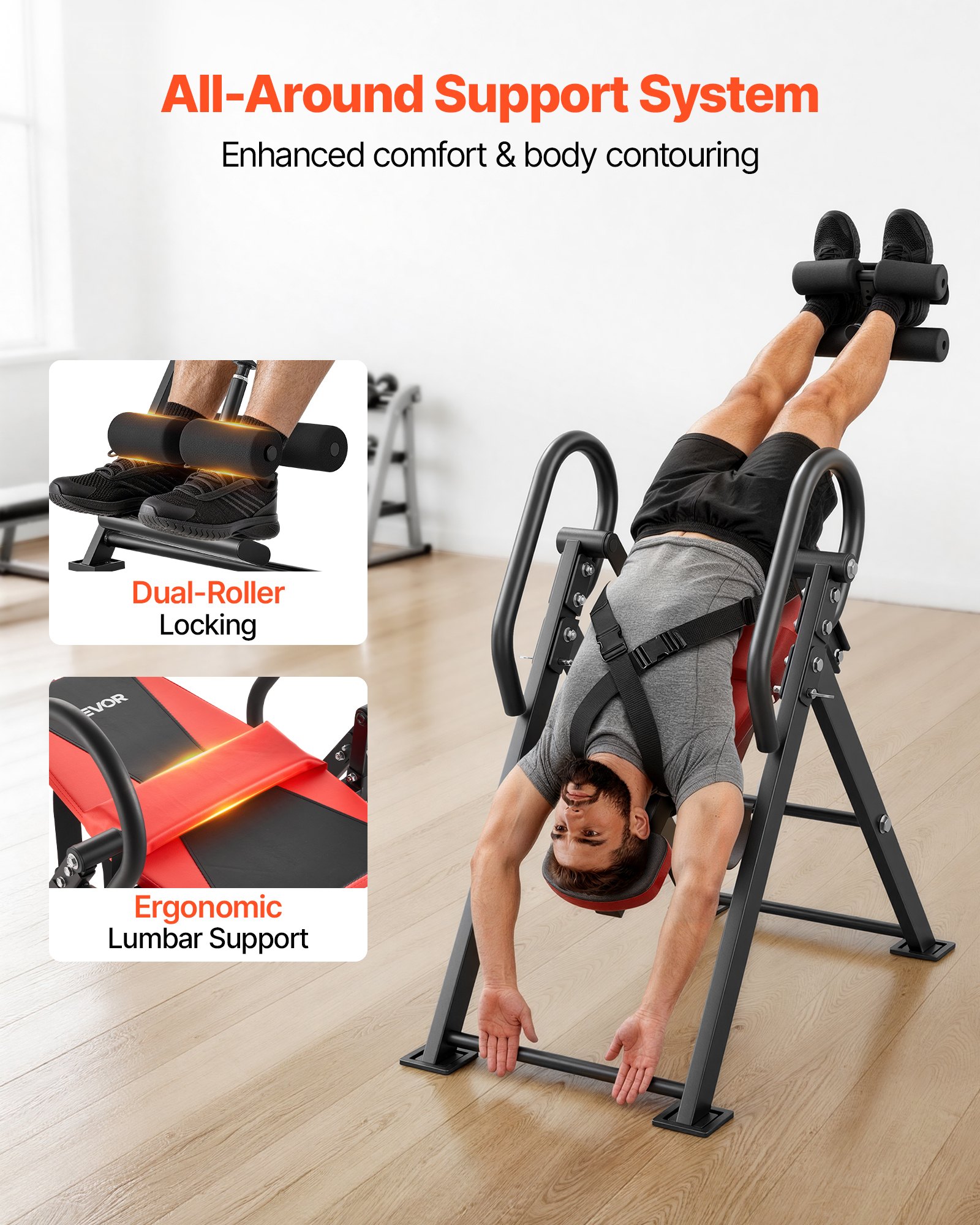 VEVOR Inversion Table, 136 kg Capacity Heavy Duty Inverted Table, Back Inverter Stretcher with Dual-Roller Locking, Decompression Tables for Shoulders, Neck, Back, Multi-Angle Adjustable Tether Strap