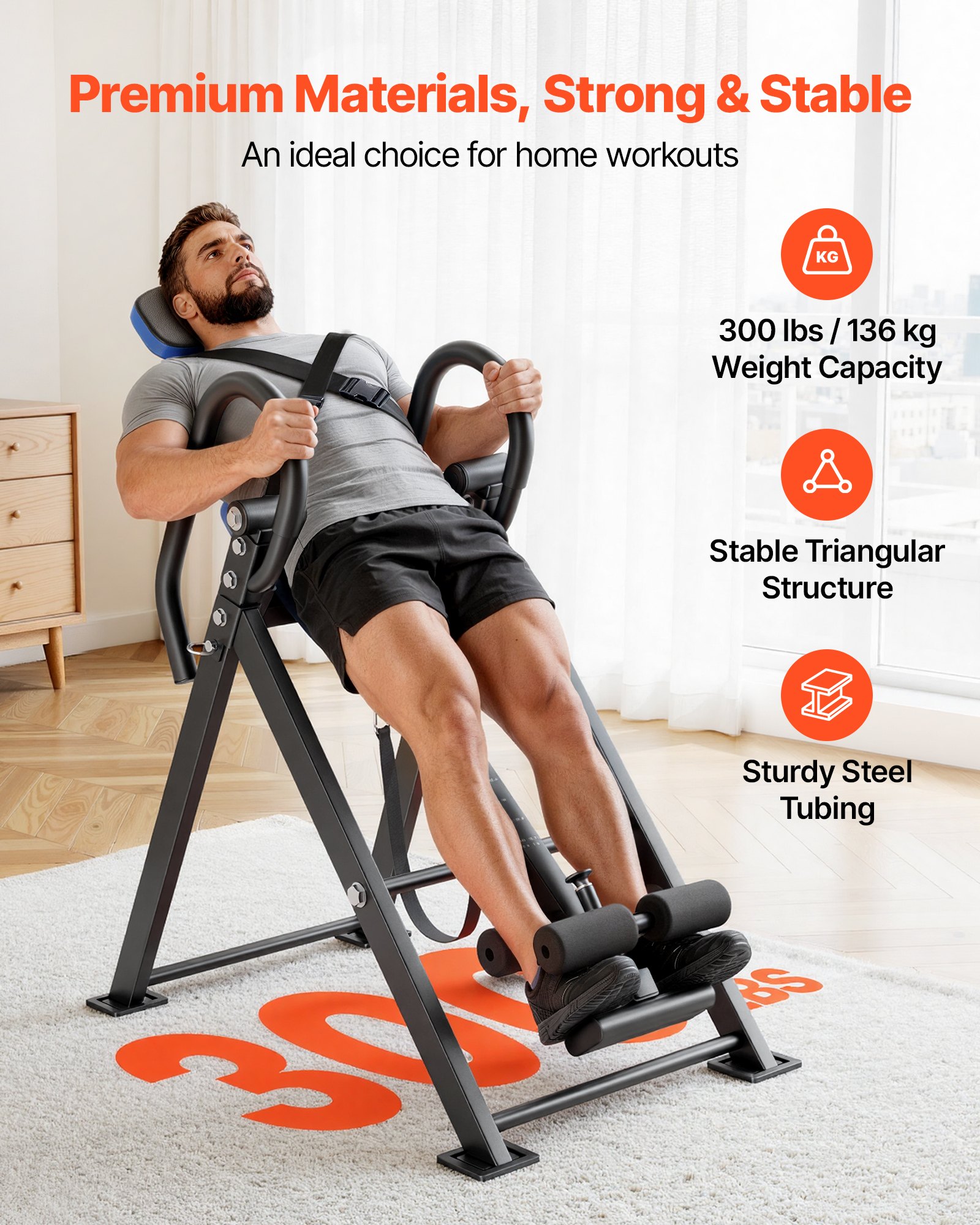 VEVOR Inversion Table, 300 lbs Capacity Heavy Duty Back Inverter Stretcher, Inverted Table with Dual-Roller Locking, Decompression Tables for Shoulders, Neck, Back, Multi-Angle Adjustable Tether Strap
