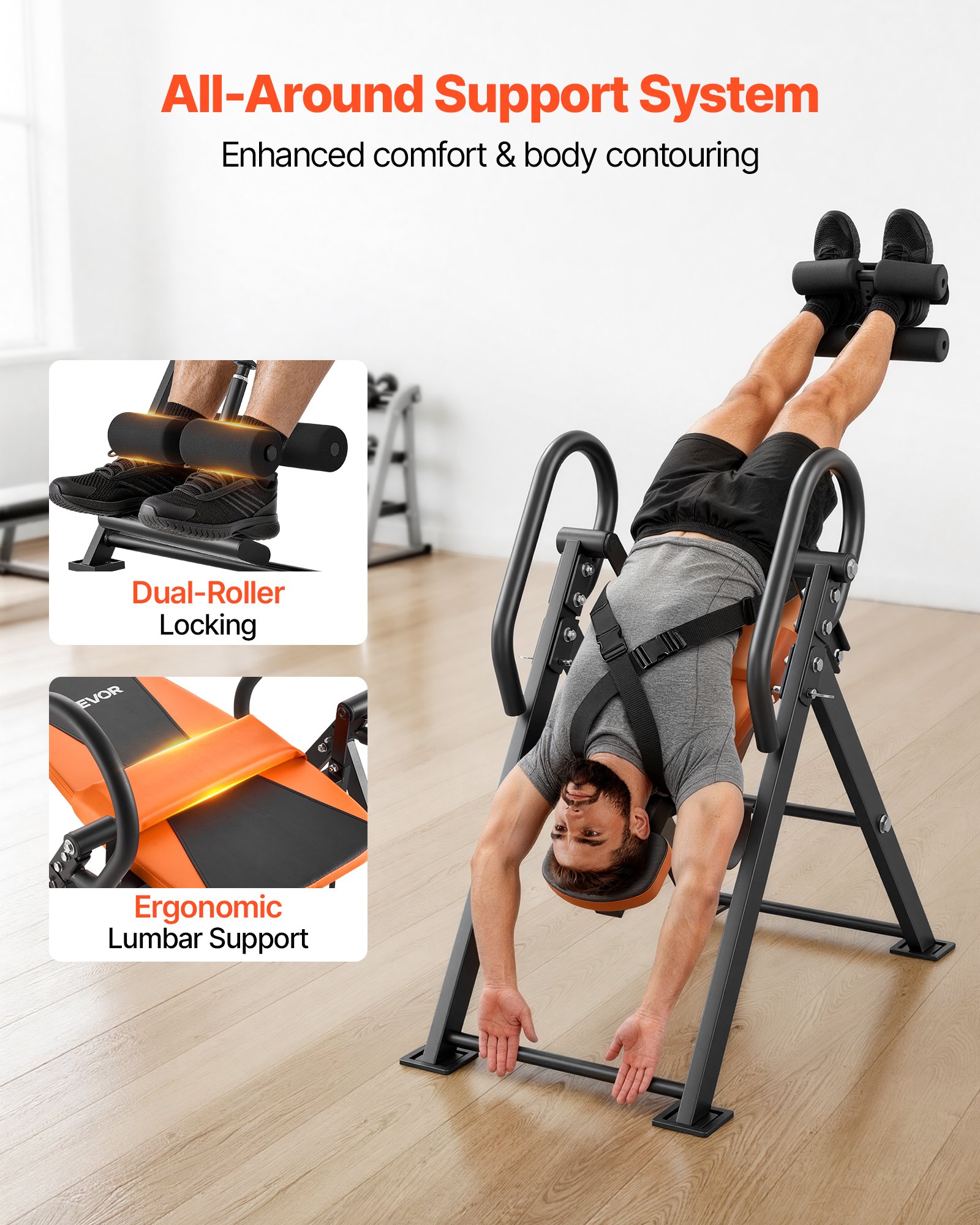 VEVOR Inversion Table, 300 lbs Capacity Heavy Duty Back Inverter Stretcher, Inverted Table with Dual-Roller Locking, Decompression Tables for Shoulders, Neck, Back, Multi-Angle Adjustable Tether Strap