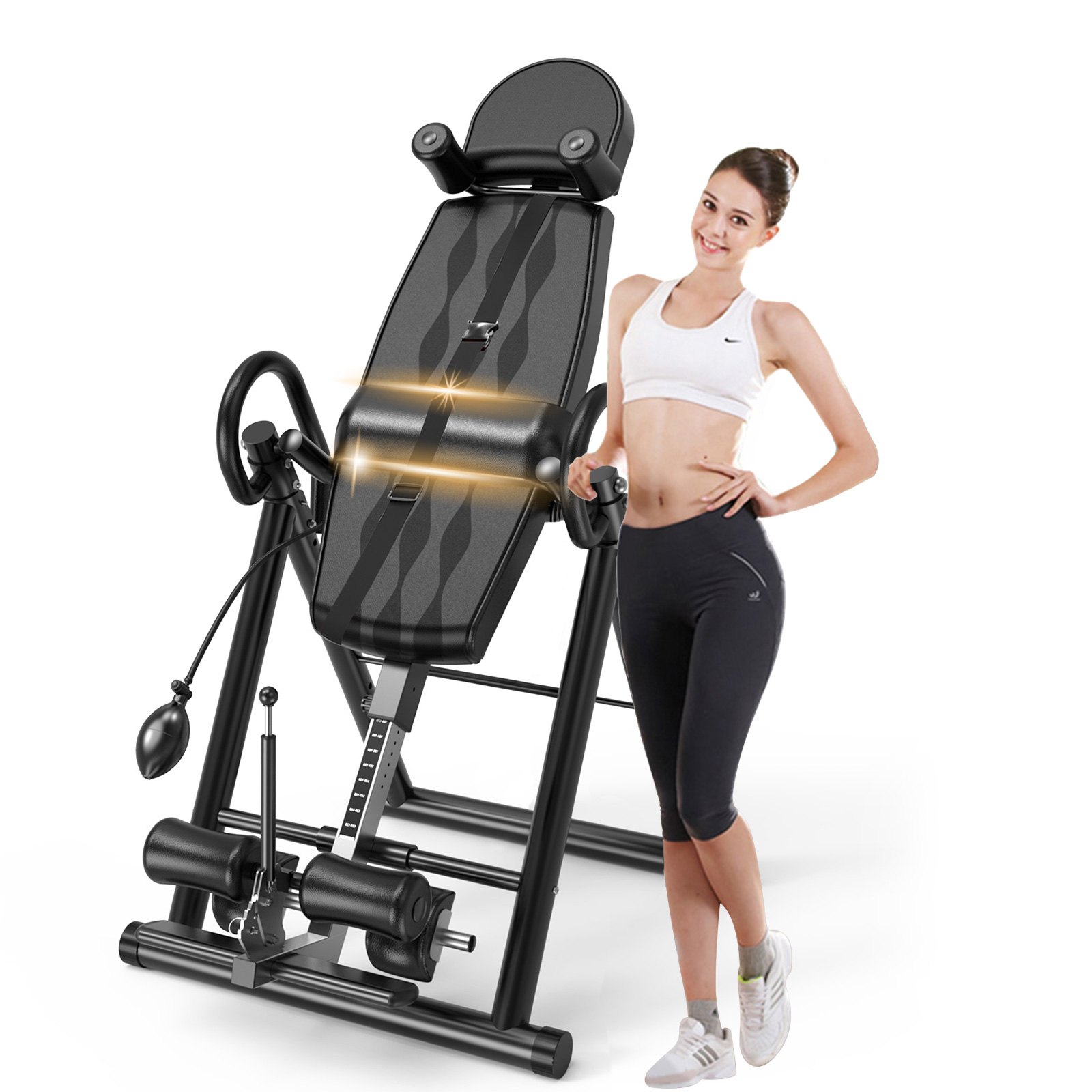 VEVOR Black Premium Gravity Inversion Table Waist Inflatable Adjustment with Protective Belt Back Therapy Fitness Adjustable Height Inversion Table Foldable