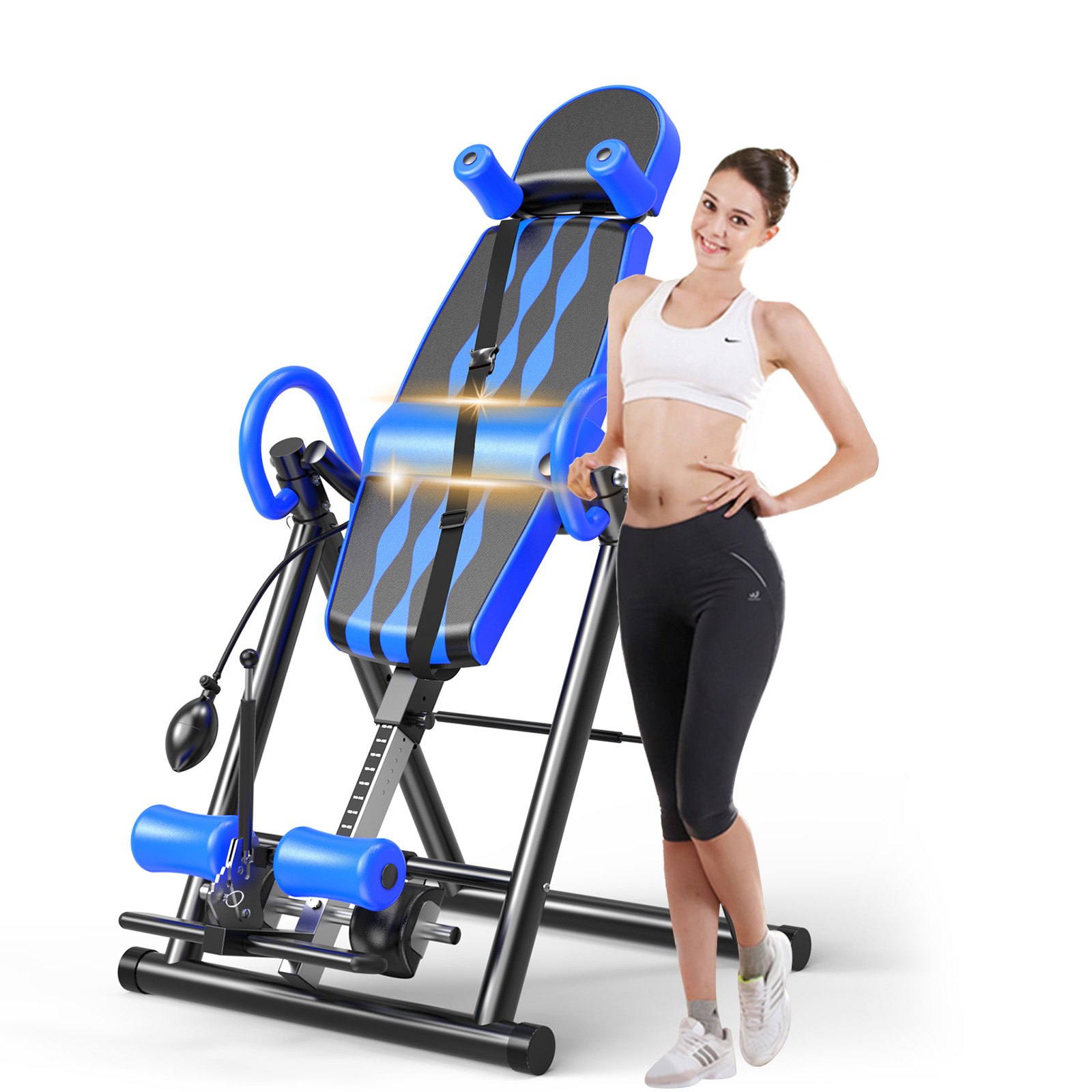 VEVOR Blue Premium Gravity Inversion Table Waist Inflatable Adjustment with Protective Belt Back Therapy Fitness Adjustable Height Inversion Table Foldable
