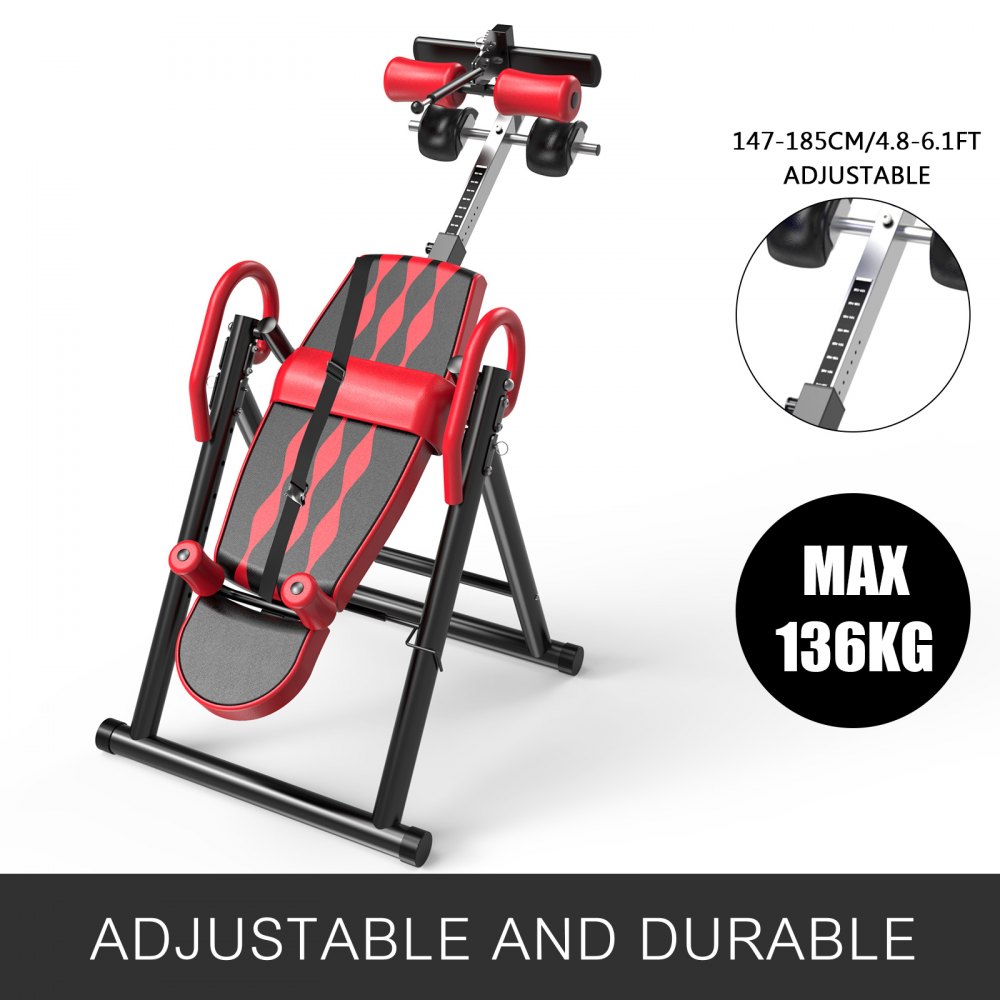 VEVOR Red Premium Gravity Inversion Table Waist Inflatable Adjustment with Protective Belt Back Therapy Fitness Adjustable Height Inversion Table Foldable