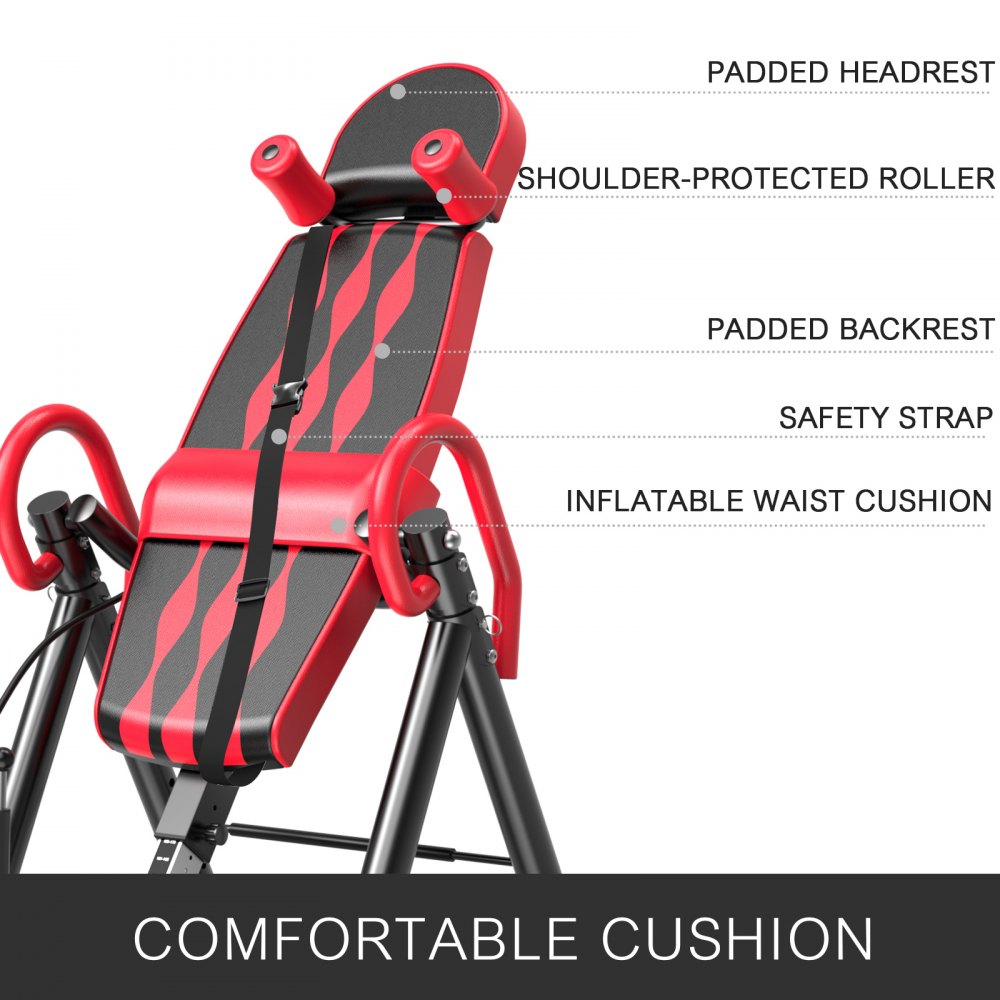 VEVOR Red Premium Gravity Inversion Table Waist Inflatable Adjustment with Protective Belt Back Therapy Fitness Adjustable Height Inversion Table Foldable