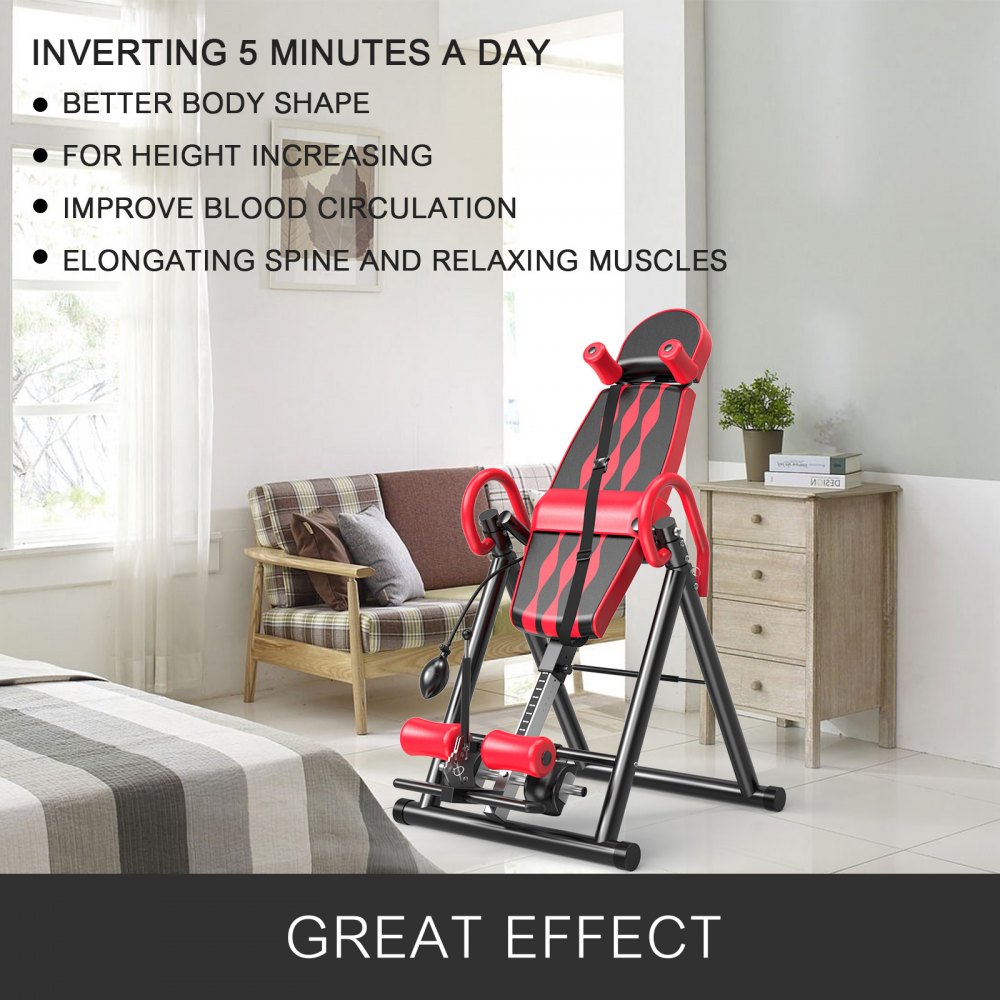 VEVOR Red Premium Gravity Inversion Table Waist Inflatable Adjustment with Protective Belt Back Therapy Fitness Adjustable Height Inversion Table Foldable