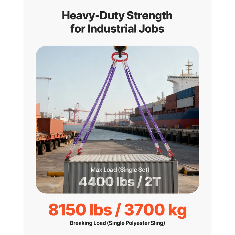 VEVOR Lifting Sling Straps, 2Pcs Two-Leg Polyester Bridle Sling with Hooks, 2 Ton Capacity, 5Ft Heavy Duty Rigging Strap, Thickened & Wear-Resistant Webbing Slings for Engines Cranes Hoists Truck