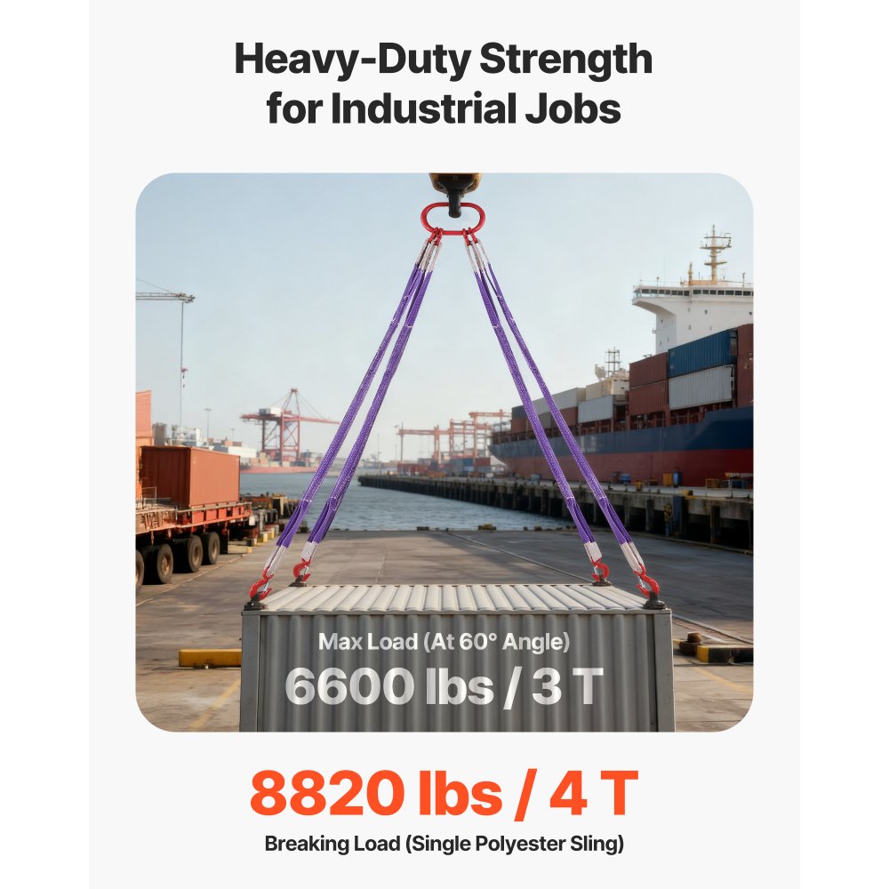 VEVOR Lifting Sling Straps, Four Leg Polyester Bridle Sling with Hooks, 3 Ton Capacity, 5Ft Heavy Duty Rigging Strap, Thickened & Wear-Resistant Webbing Slings for Engines Cranes Hoists Truck